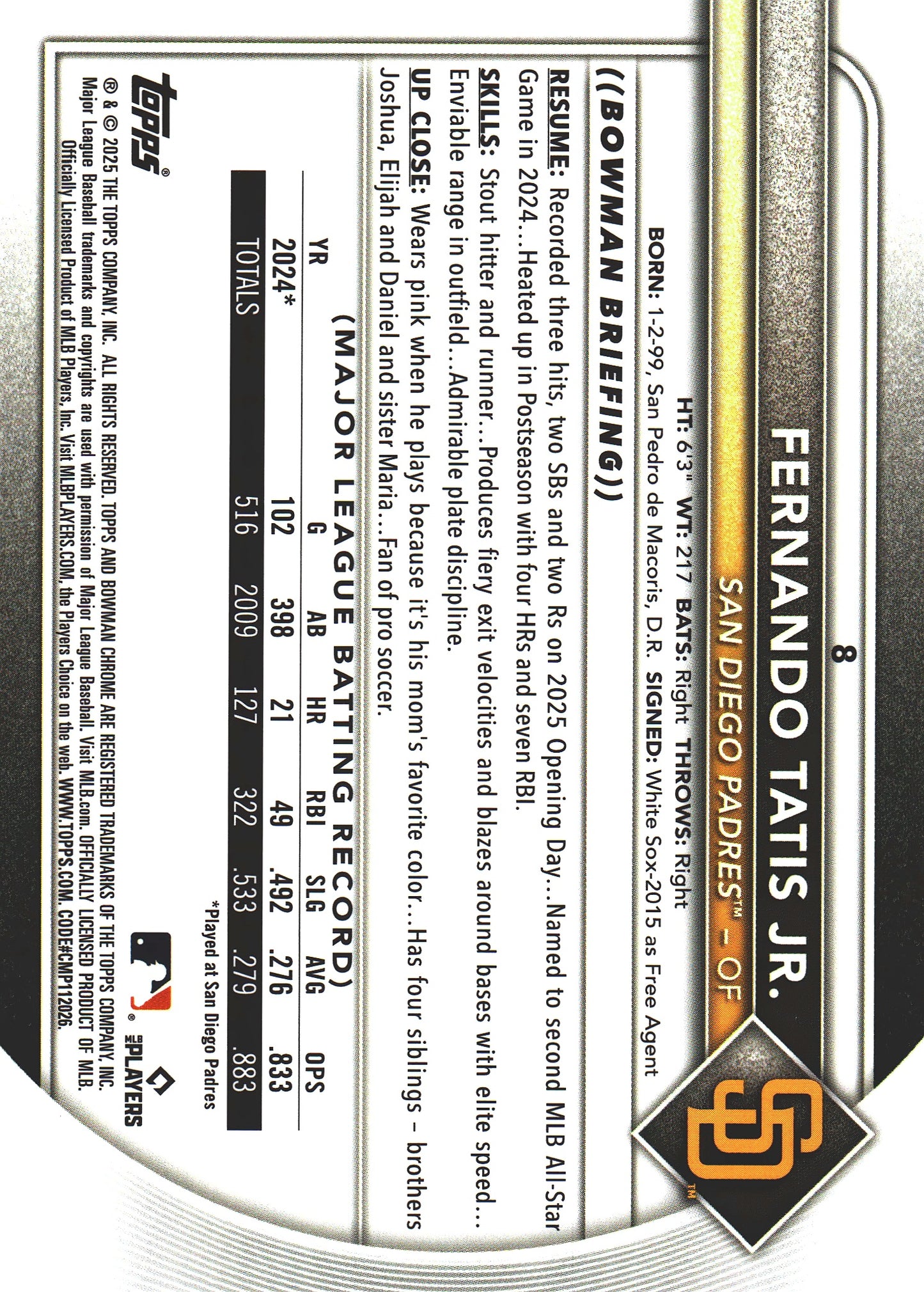 2025 Topps Bowman Chrome Fernando Tatis Jr Purple Geometric /250 #8 San Diego Padres