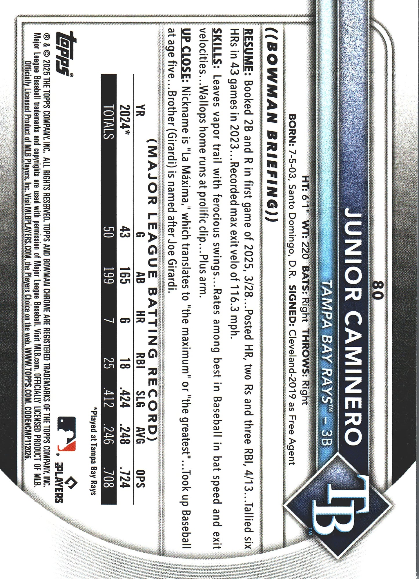 2025 Topps Bowman Chrome Junior Caminero Blue /150 #80 Tampa Bay Rays