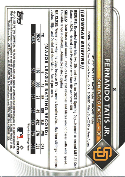 2025 Topps Bowman Chrome Fernando Tatis Jr Blue /150 #8 San Diego Padres