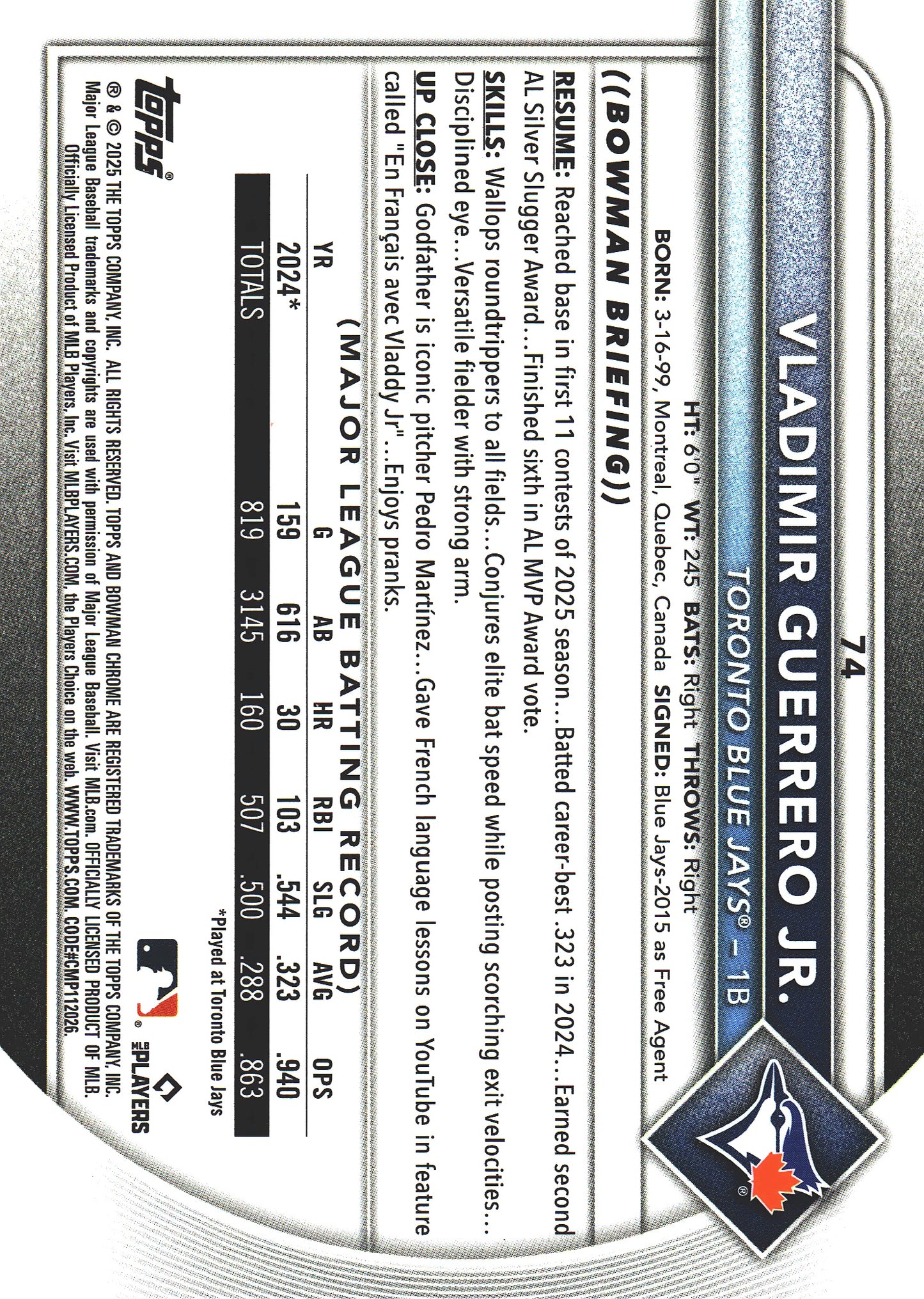 2025 Topps Bowman Chrome Vladimir Guerrero Jr Wave /100 #74 Toronto Blue Jays