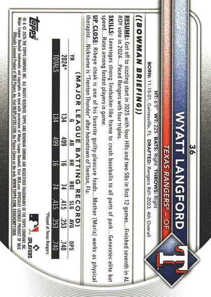 2025 Topps Bowman Chrome Wyatt Langford Green /99 #26 Texas Rangers