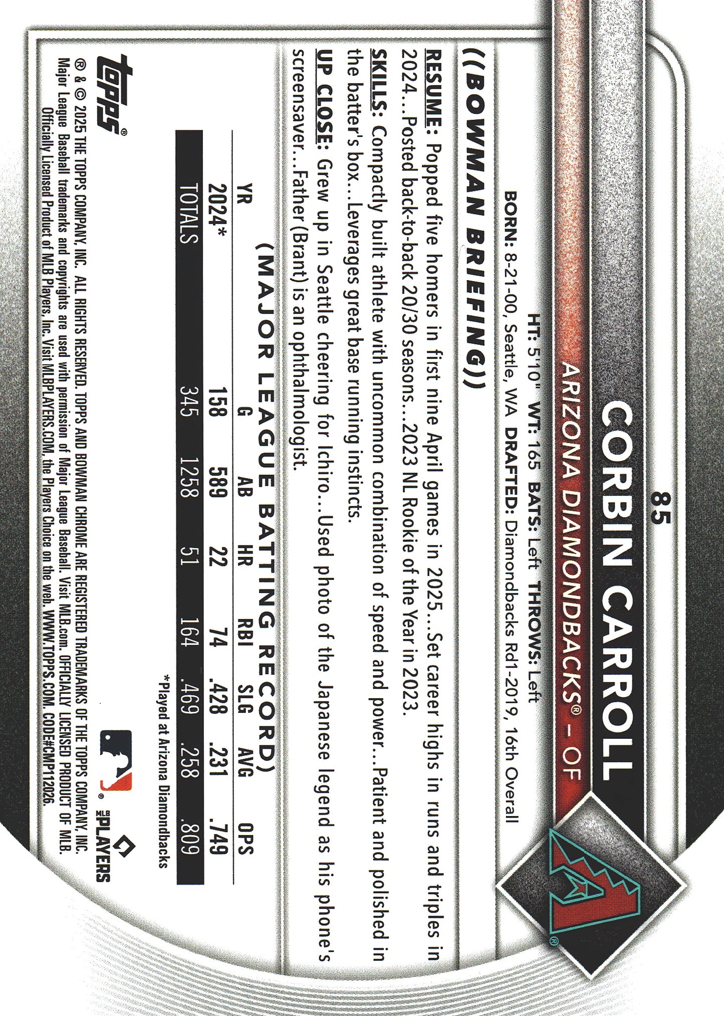 2025 Topps Bowman Chrome Corbin Carroll Aqua Geometric /125 #85 Arizona Diamondbacks