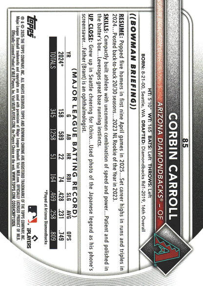 2025 Topps Bowman Chrome Corbin Carroll Aqua Geometric /125 #85 Arizona Diamondbacks