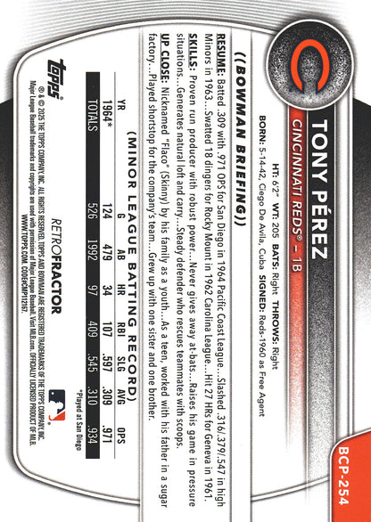 2025 Topps Bowman Chrome Tony Perez 1st Bowman SP #BCP-254 Cincinnati Reds