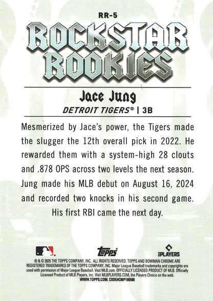 2025 Topps Bowman Chrome Jace Jung Rockstar Rockies RC Orange /25 #RR-5 Detroit Tigers