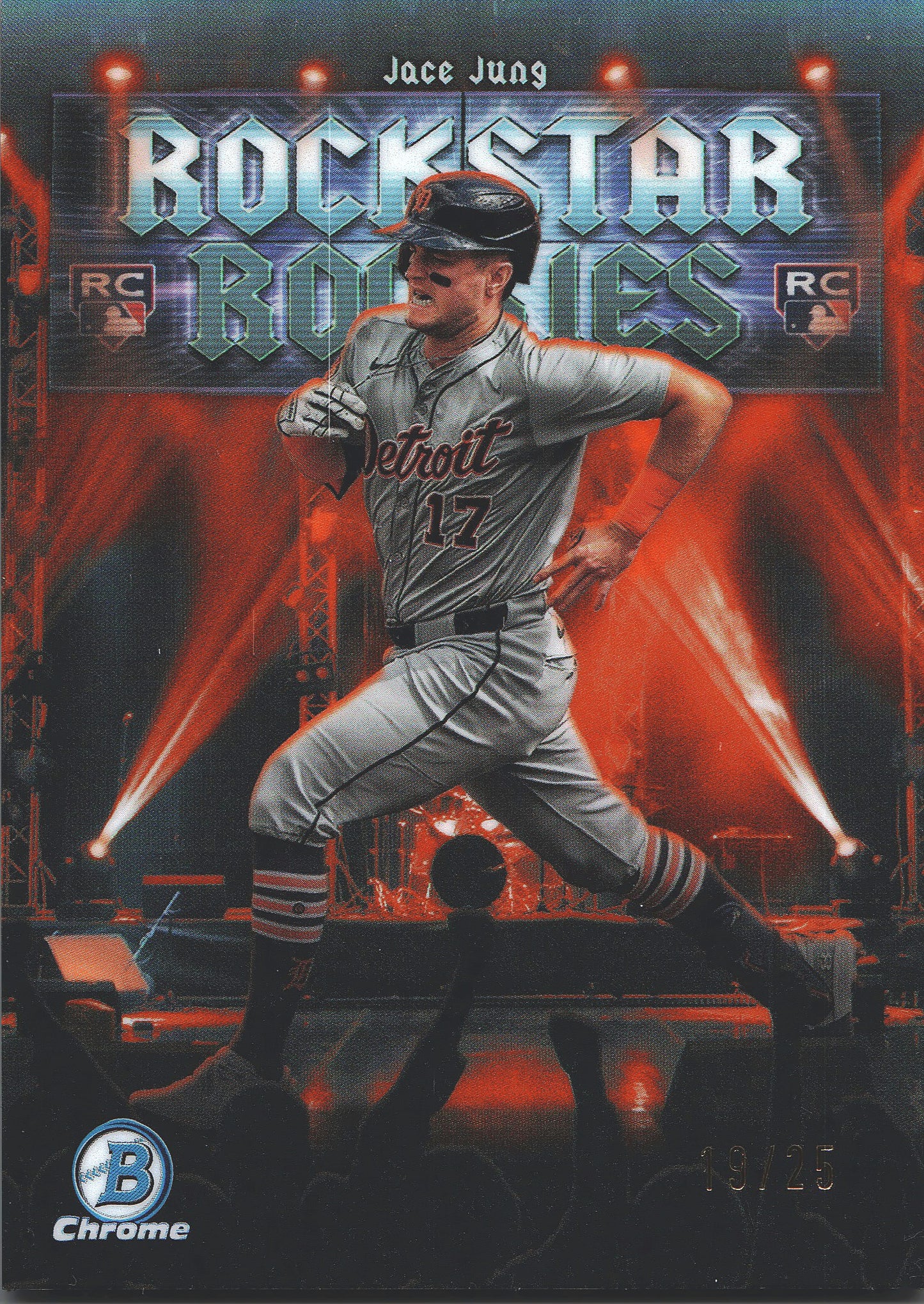 2025 Topps Bowman Chrome Jace Jung Rockstar Rockies RC Orange /25 #RR-5 Detroit Tigers