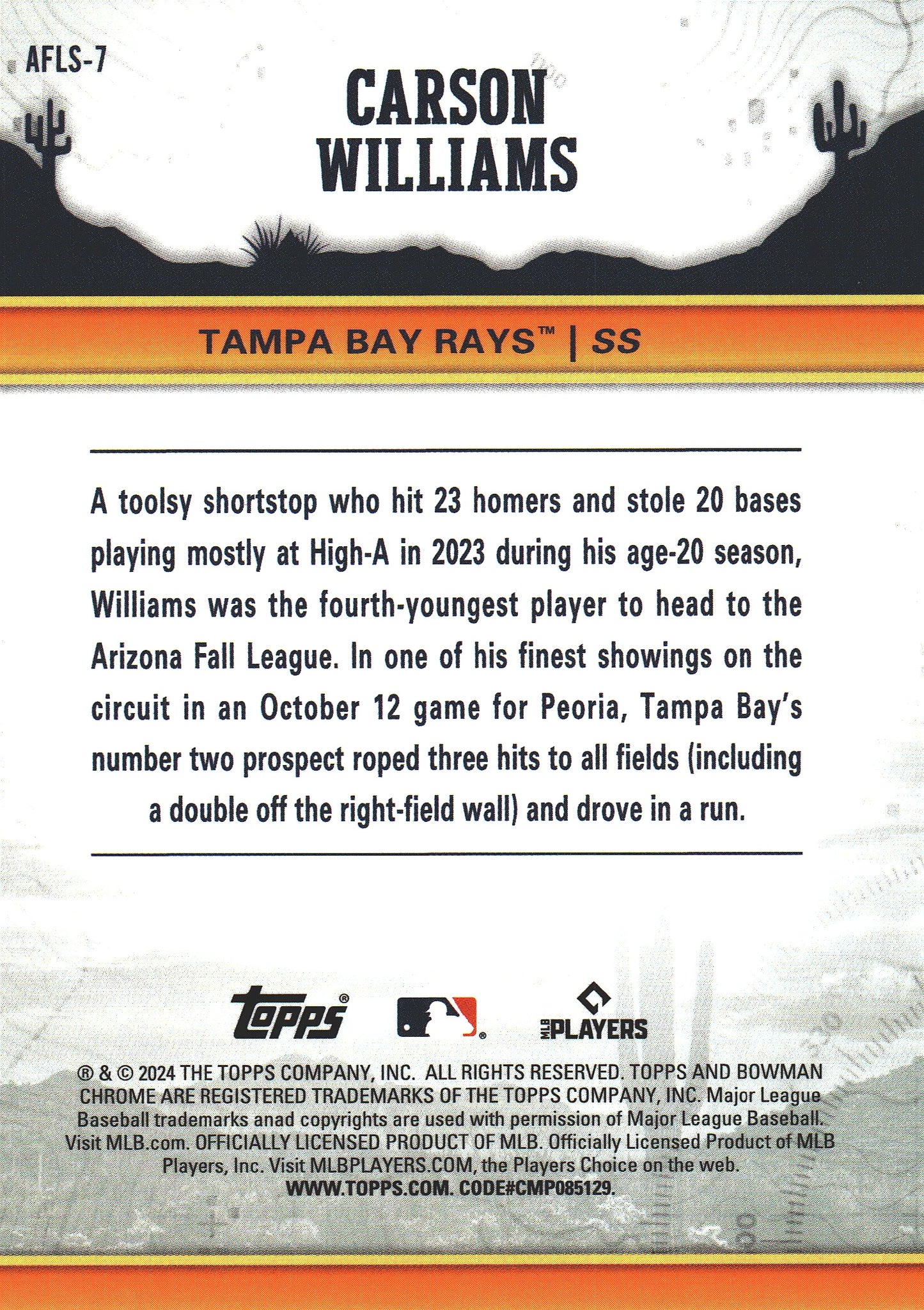2024 Topps Bowman Chrome AFL Fall Stars Carson Williams #AFLS-7 Tampa Bay Rays