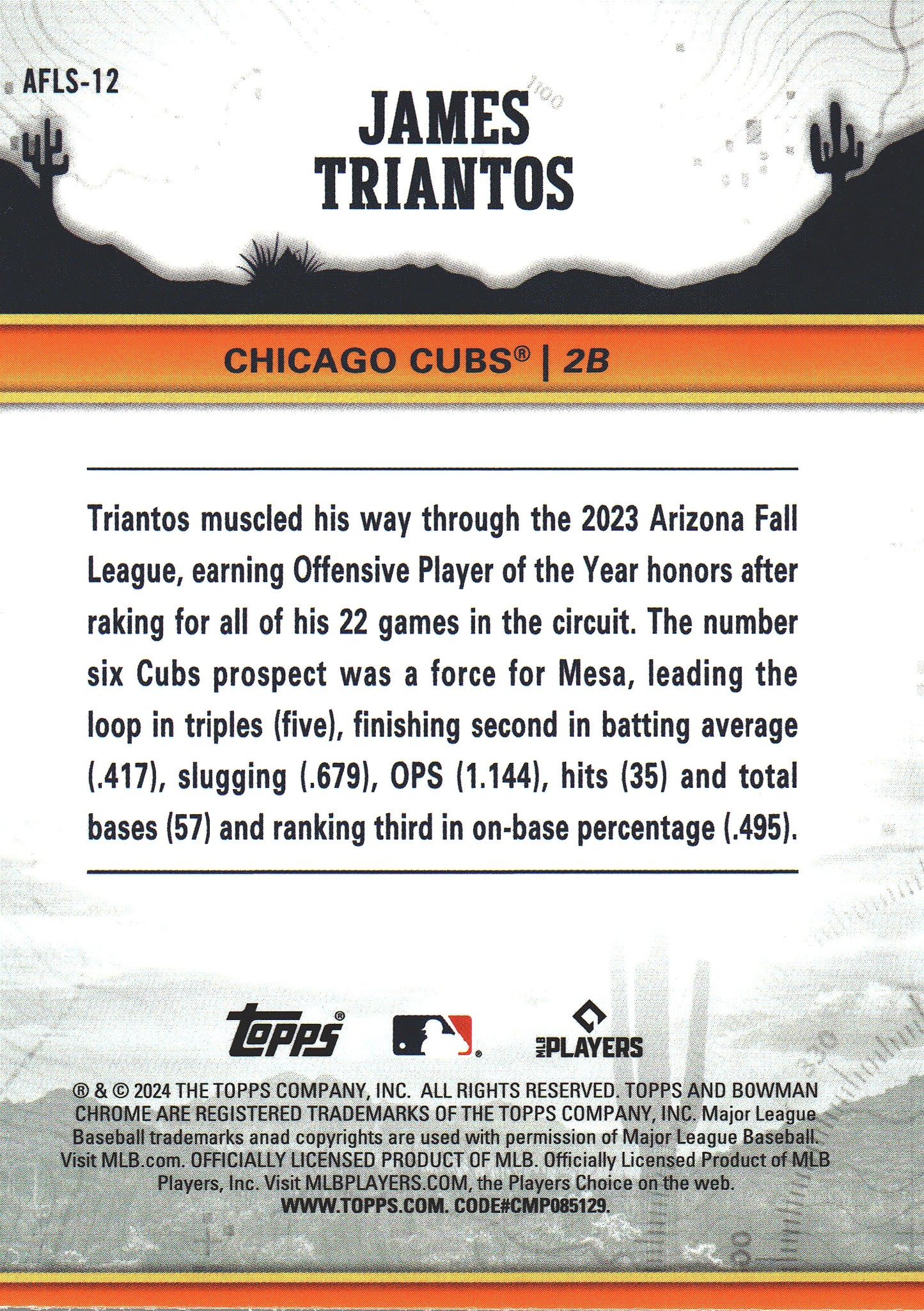 2024 Topps Bowman Chrome AFL Fall Stars James Triantos #AFLS-12 Chicago Cubs