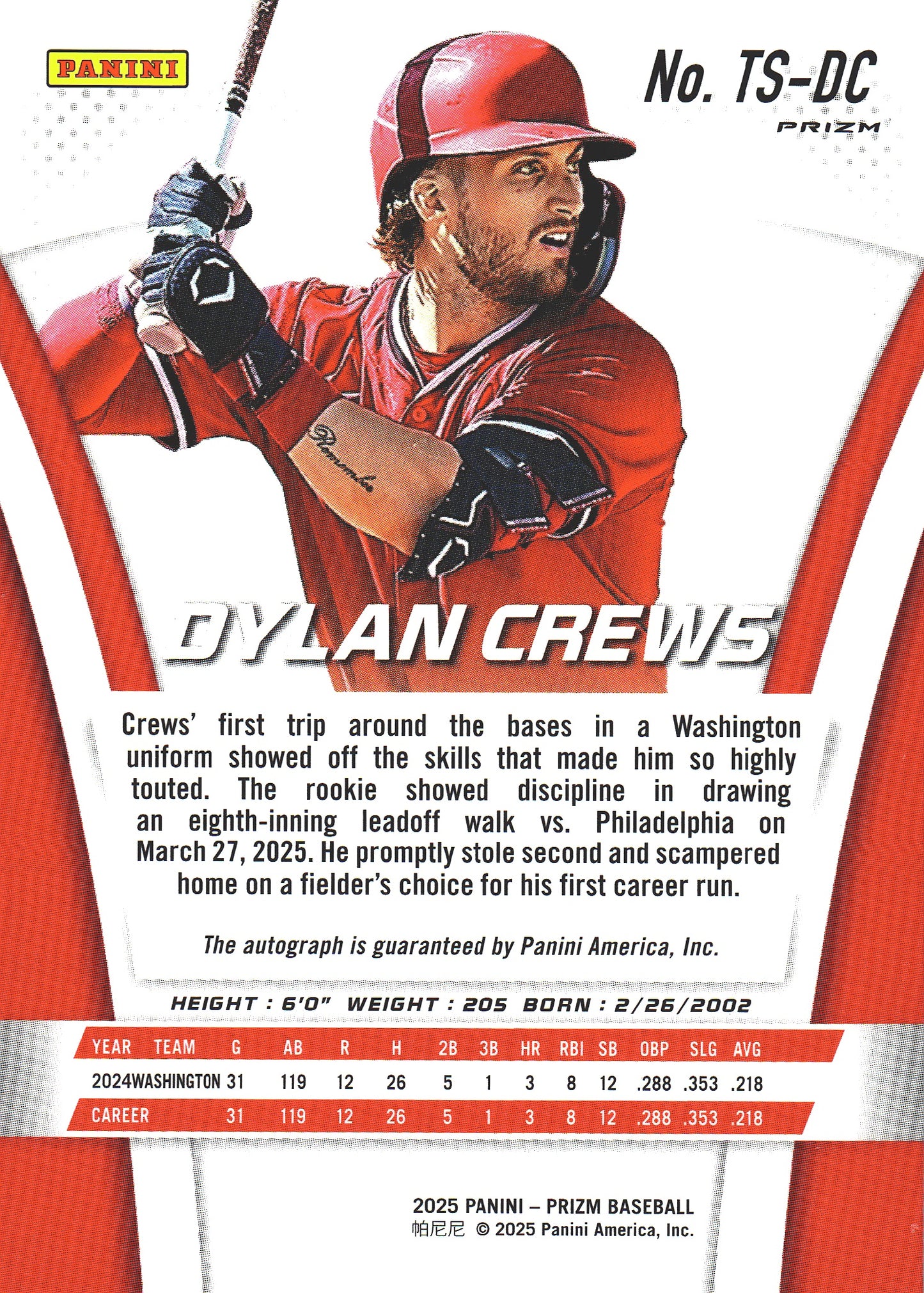 2025 Panini Prizm Dylan Crews RC Autograph Silver #TS-DC Washington Nationals