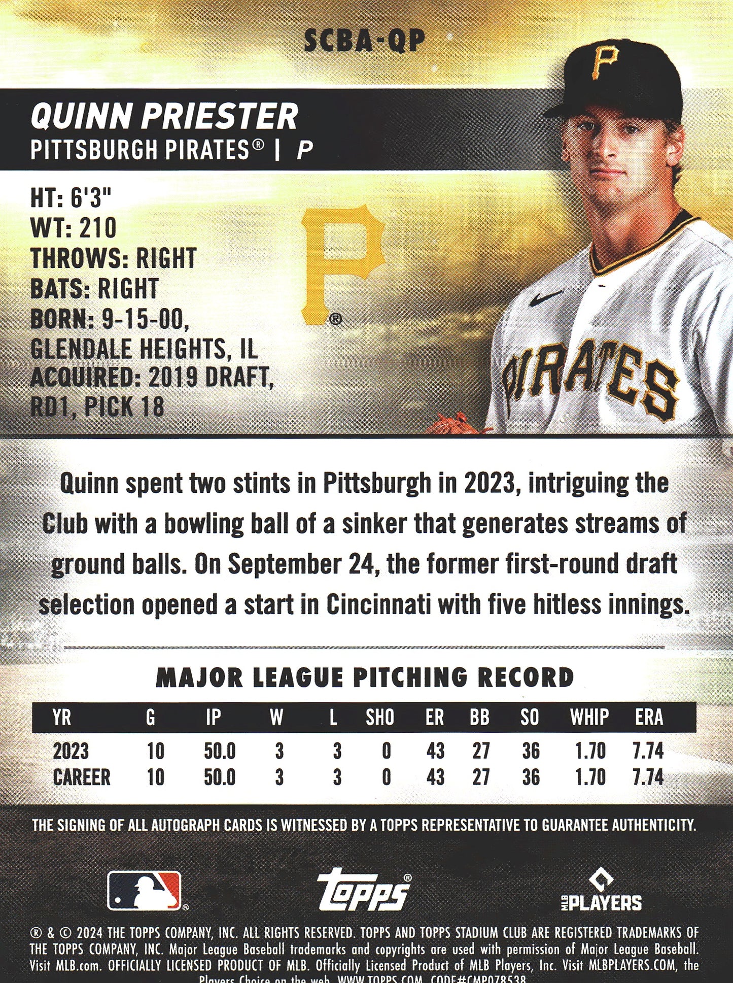 2024 Topps Stadium Club Quinn Priester RC Autograph #SCBA-QP Pittsburgh Pirates