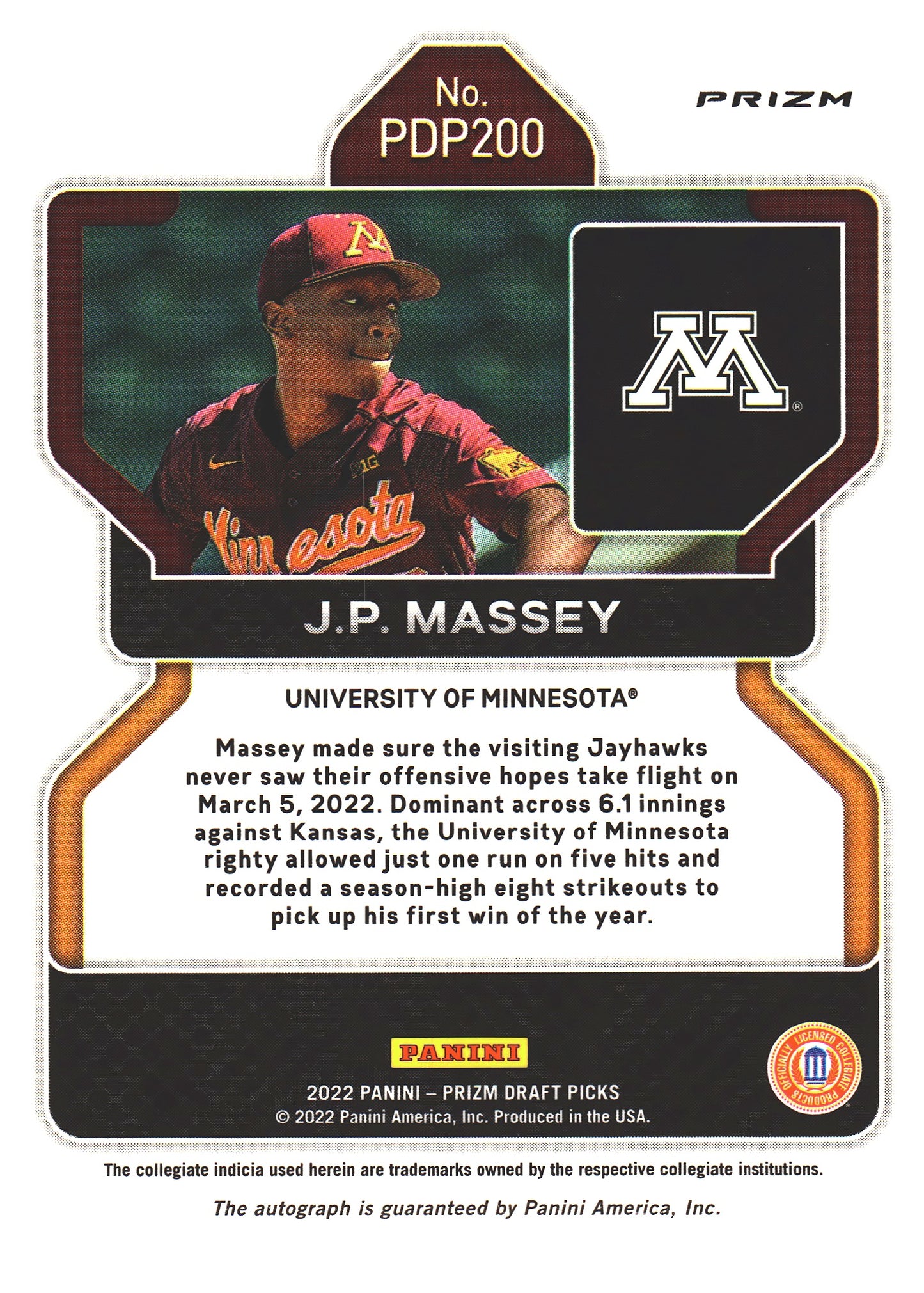 2022 Panini Prizm JP Massey Autograph #PDP200 Minnesota Golden Gophers (NCAA)