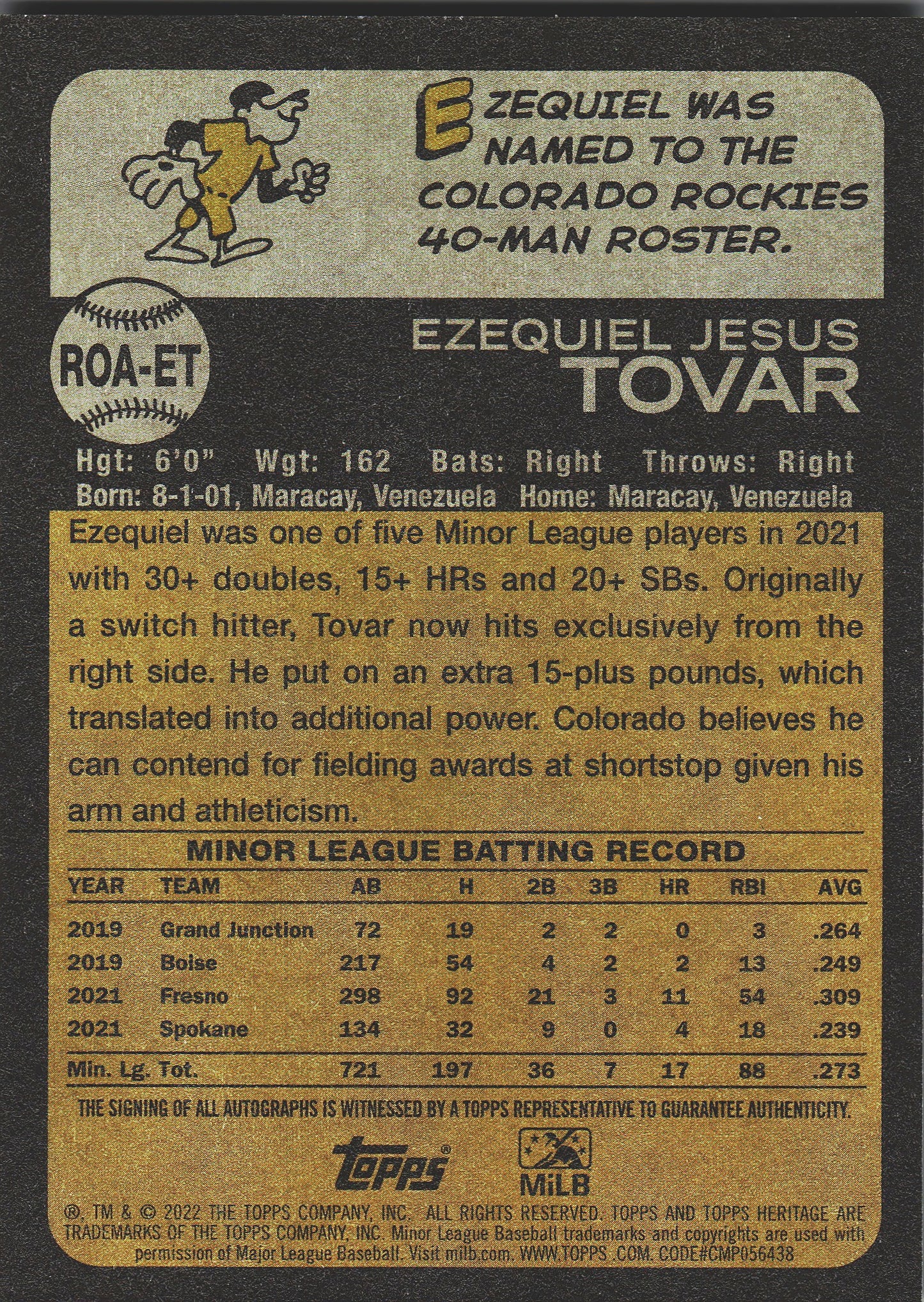 2022 Topps Heritage Ezequiel Tovar RC Autograph #ROA-ET Spokane Indians (MiLB)