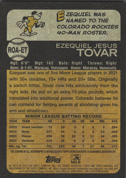 2022 Topps Heritage Ezequiel Tovar RC Autograph #ROA-ET Spokane Indians (MiLB)