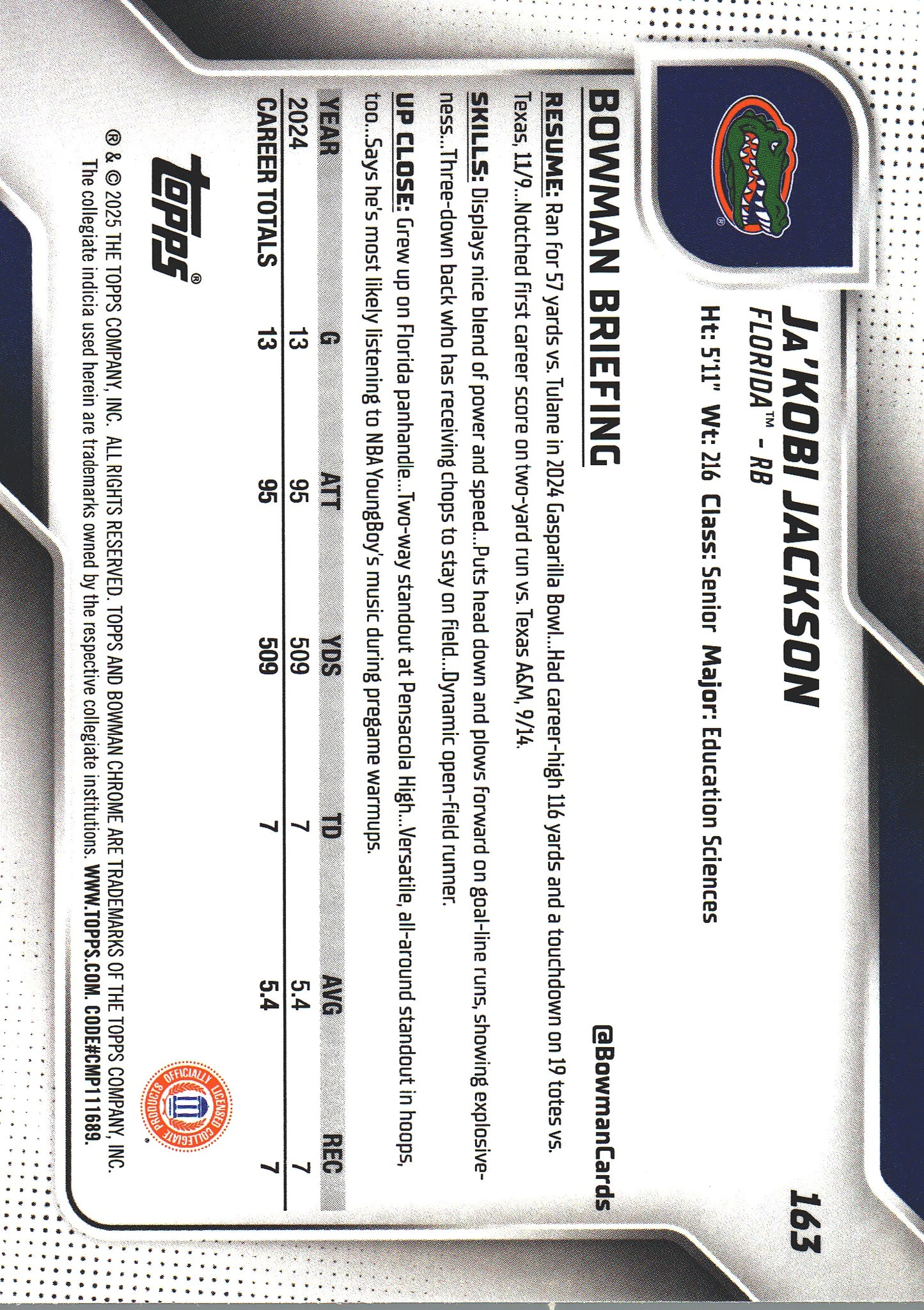 2025 Topps Bowman University Ja'kobi Jackson Green Shimmer /99 #163 Florida Gators (NCAA)