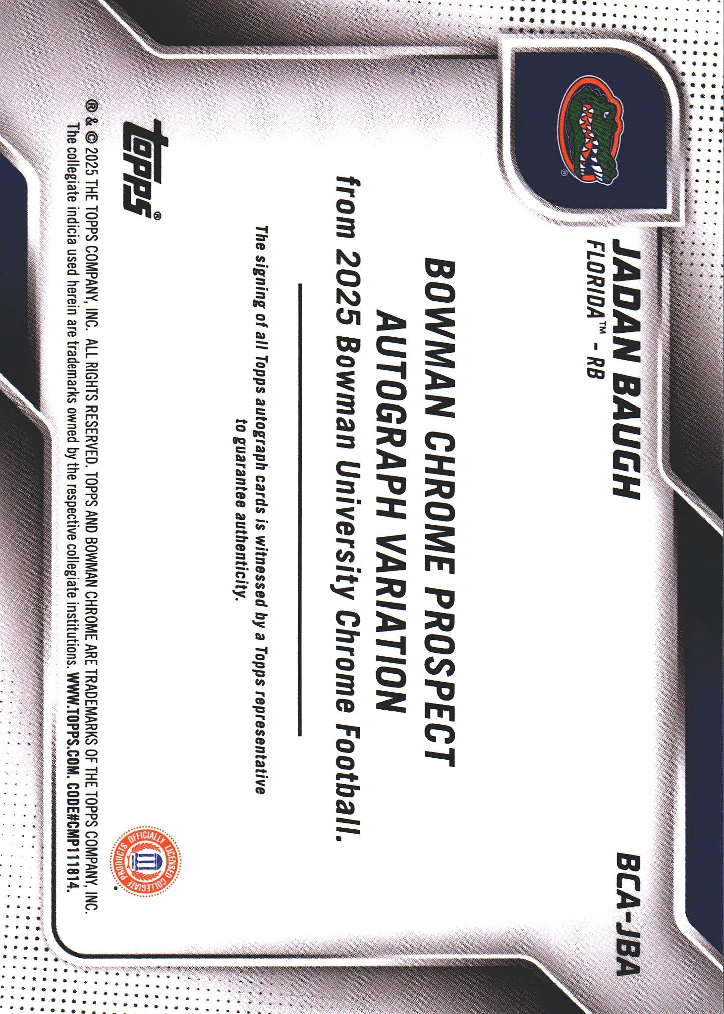 2025 Topps Bowman University Jadan Baugh Autograph #BCA-JBA Florida Gators (NCAA)