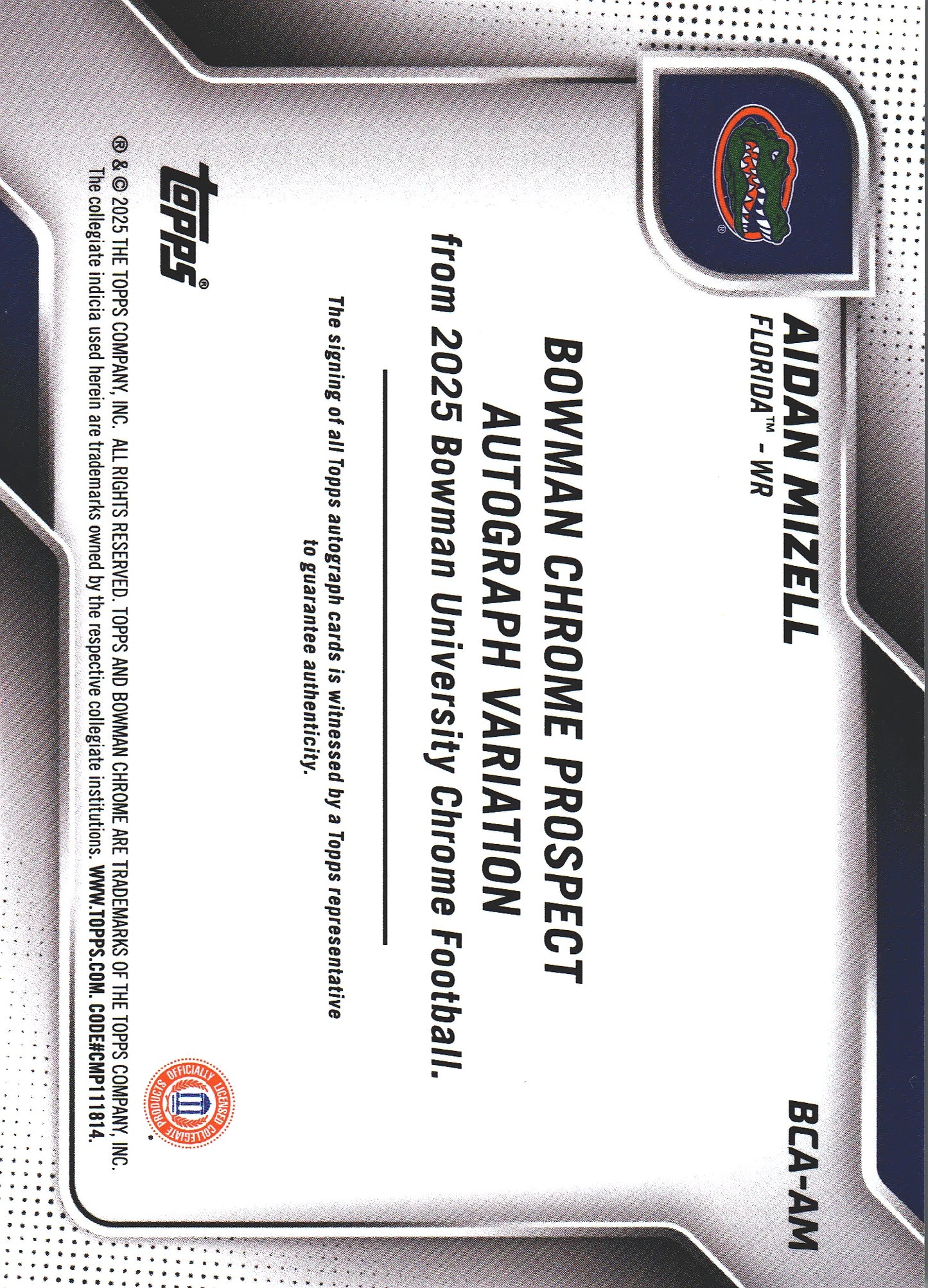 2025 Topps Bowman University Aidan Mizell Autograph #BCA-AM Florida Gators (NCAA)