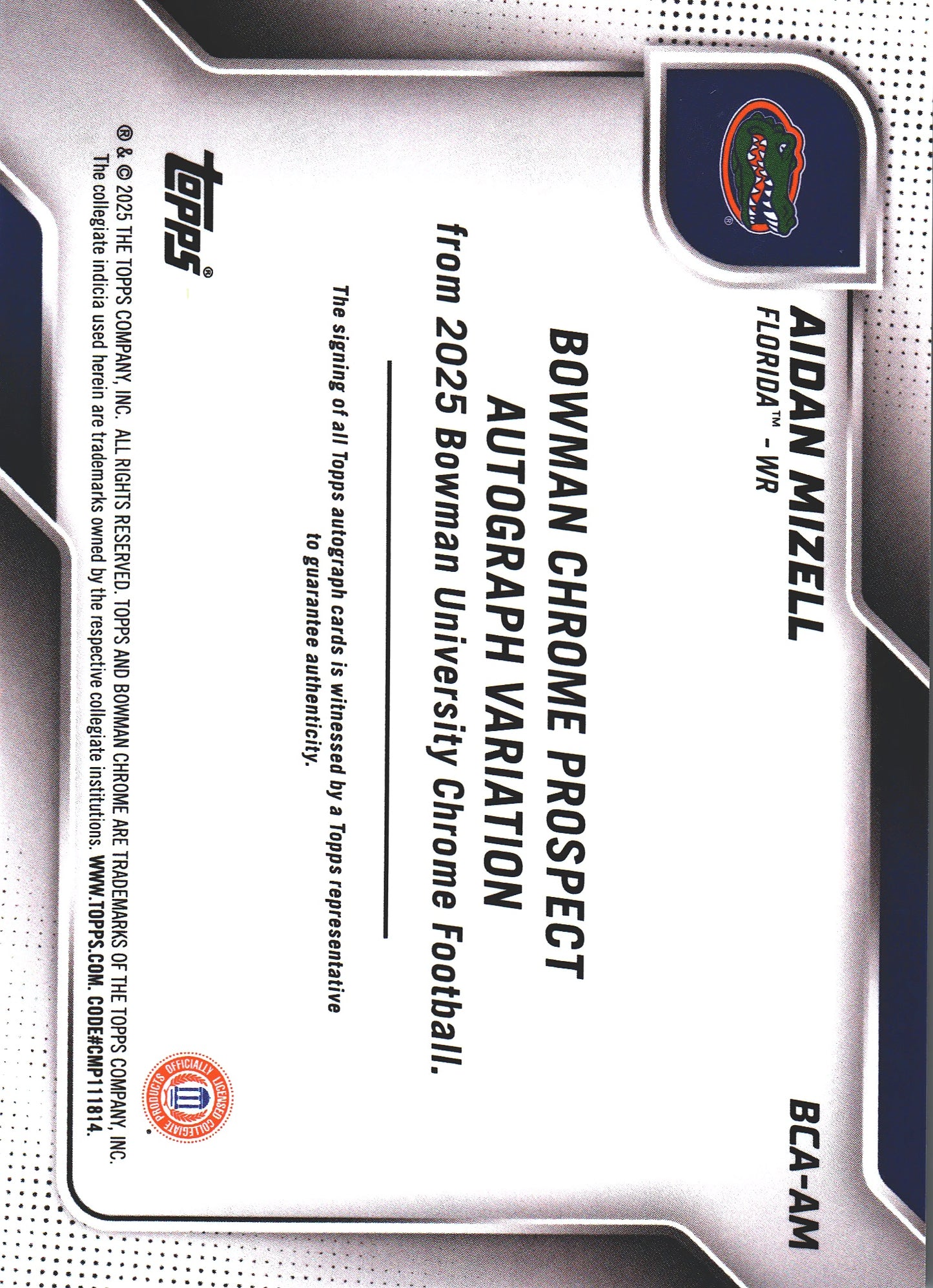 2025 Topps Bowman University Aidan Mizell Purple /75 Autograph On Card #BCA-AM Florida Gators (NCAA)