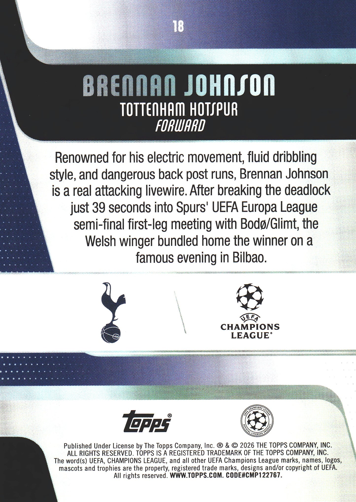 2025 Topps UCC Brennan Johnson #18 Tottenham Hotspur
