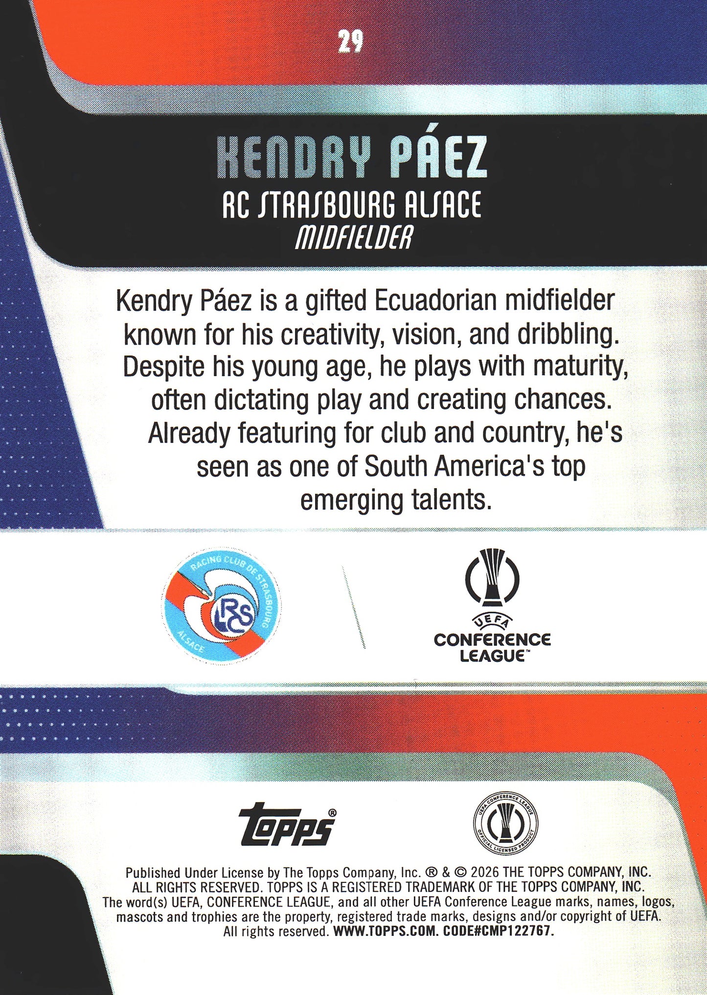 2025 Topps UCC Kendry Paez RC #29 RC Strasbourg