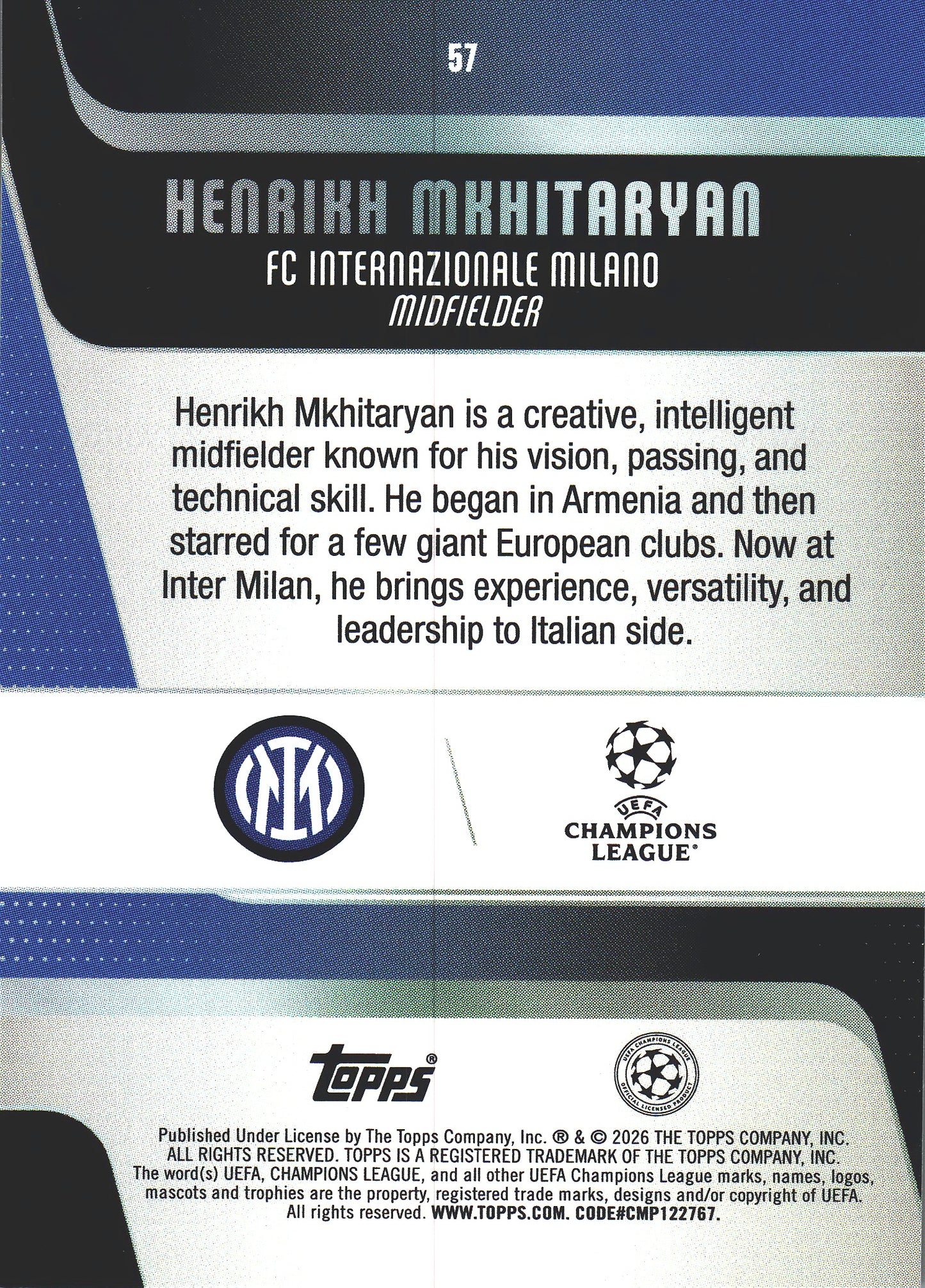 2025 Topps UCC Henrikh Mkhitaryan #57 Inter Milan