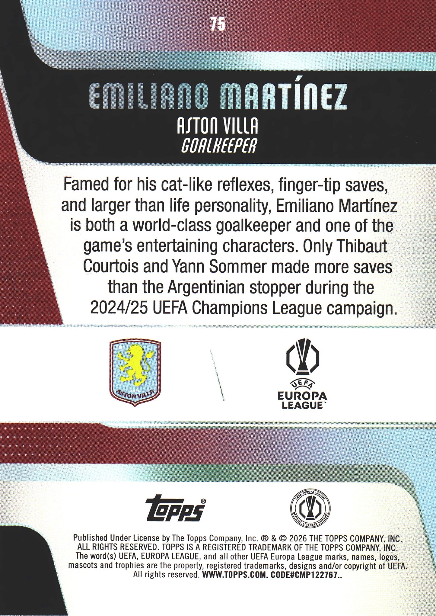 2025 Topps UCC Emiliano Martinez #75 Aston Villa
