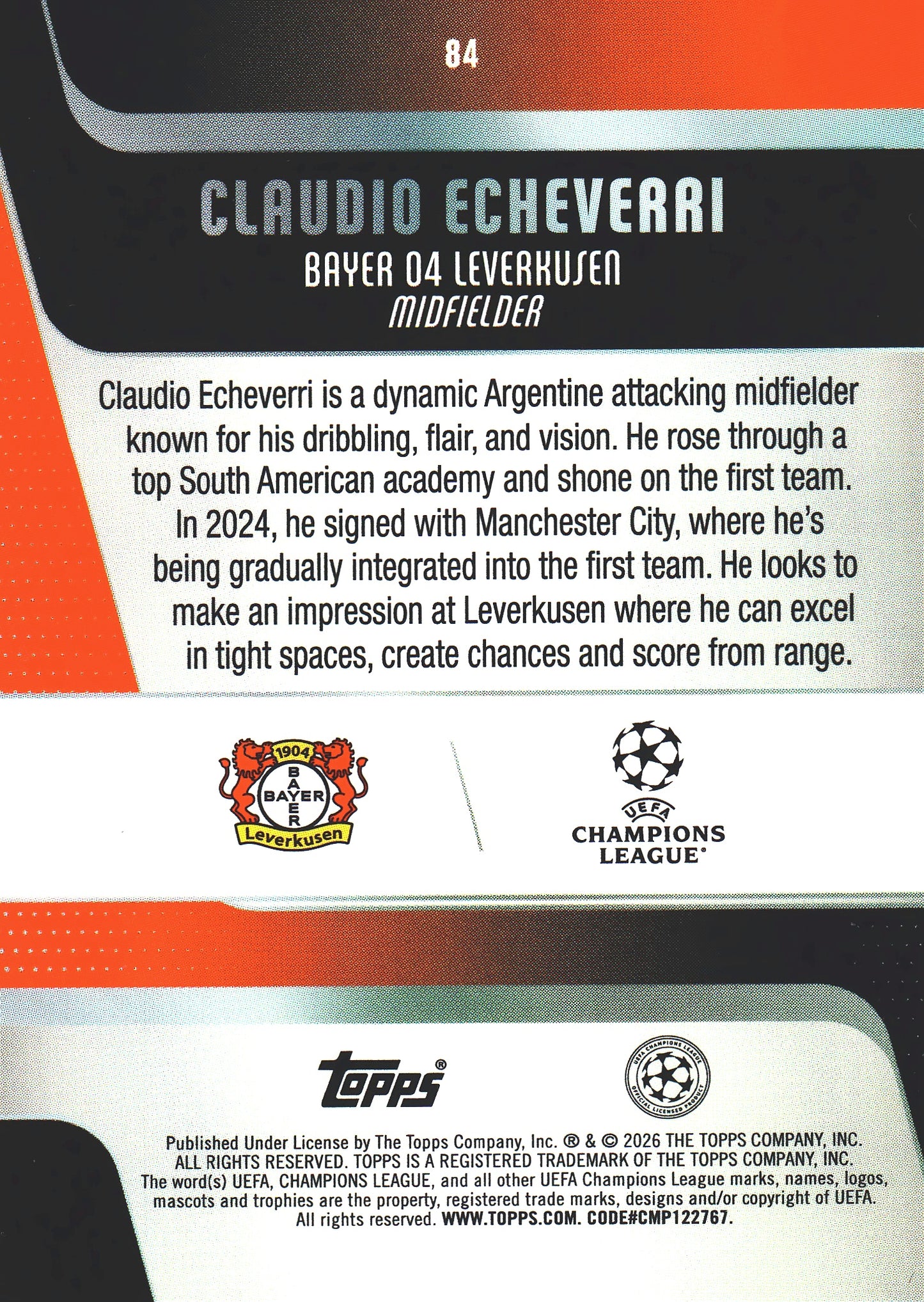 2025 Topps UCC Claudio Echeverri RC #84 Bayer Leverkusen