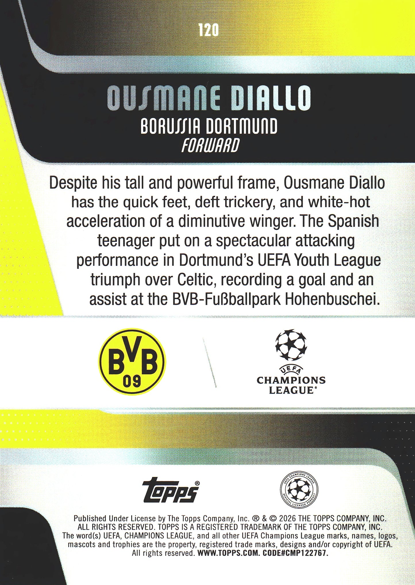 2025 Topps UCC Ousmane Diallo RC #120 Borussia Dortmund