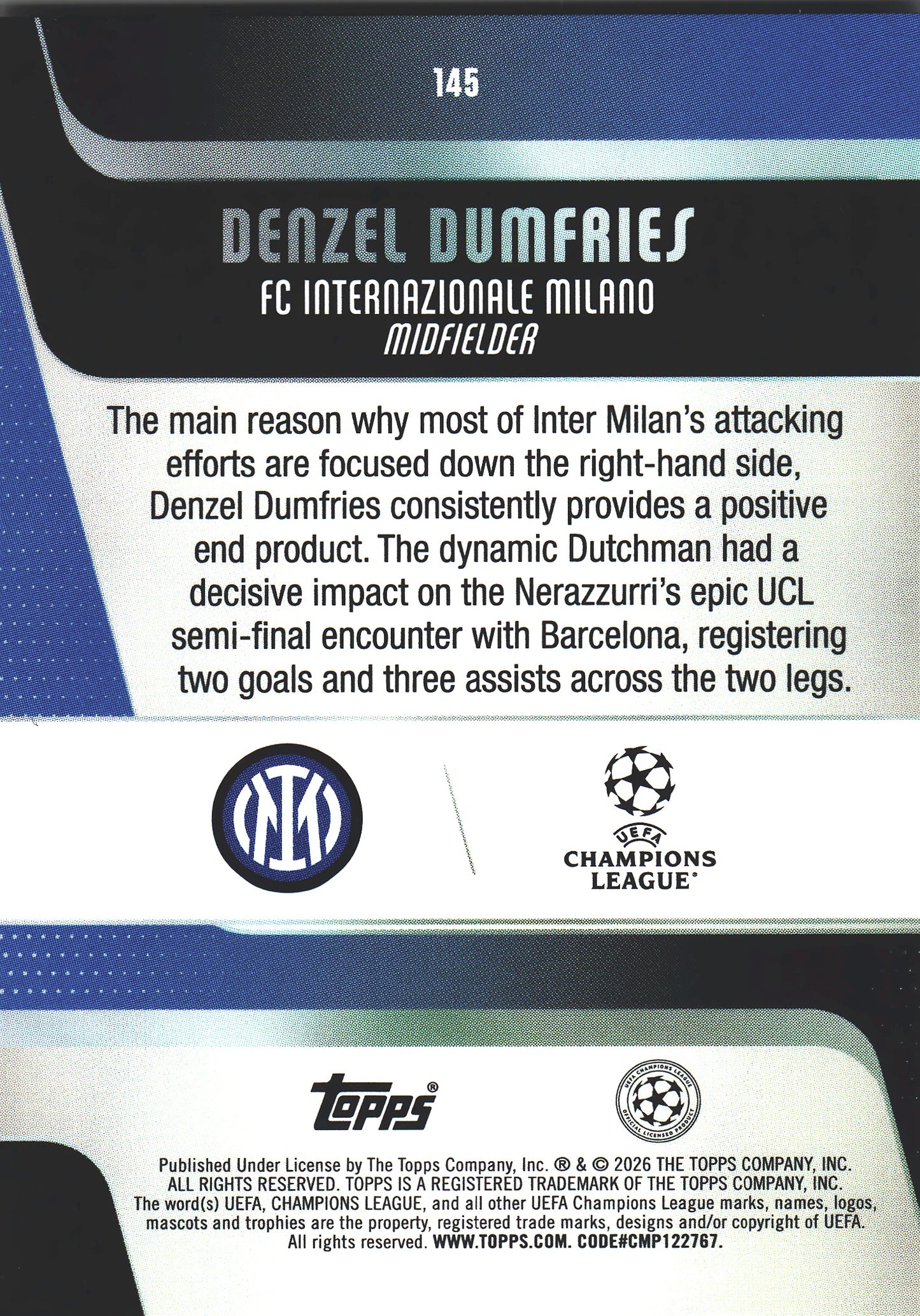 2025 Topps UCC Denzel Dumfries #145 Inter Milan