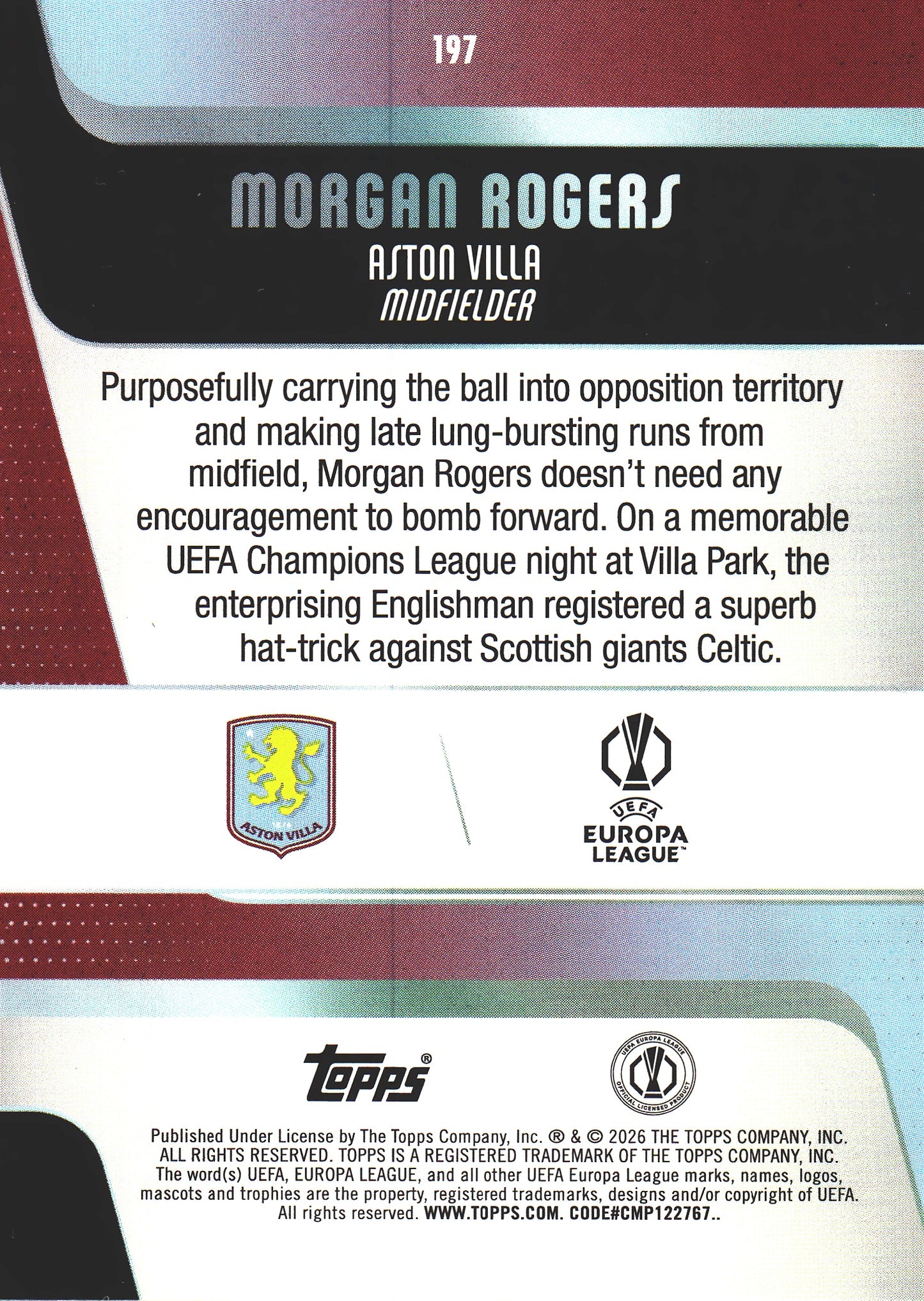 2025 Topps UCC Morgan Rogers #197 Aston Villa