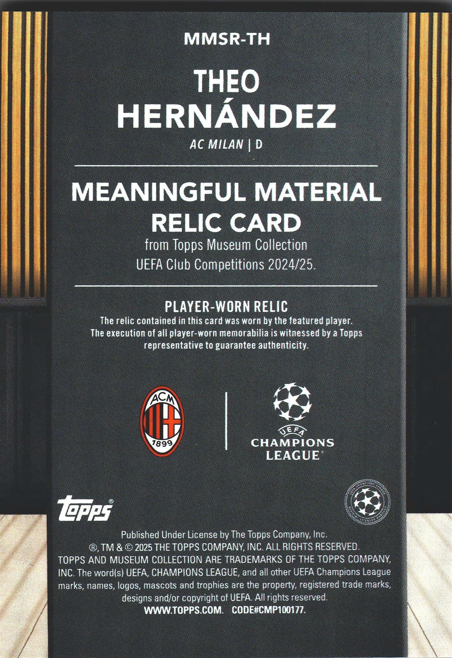 2024 Topps Museum Theo Hernandez Relic /299 #MMSR-TH AC Milan