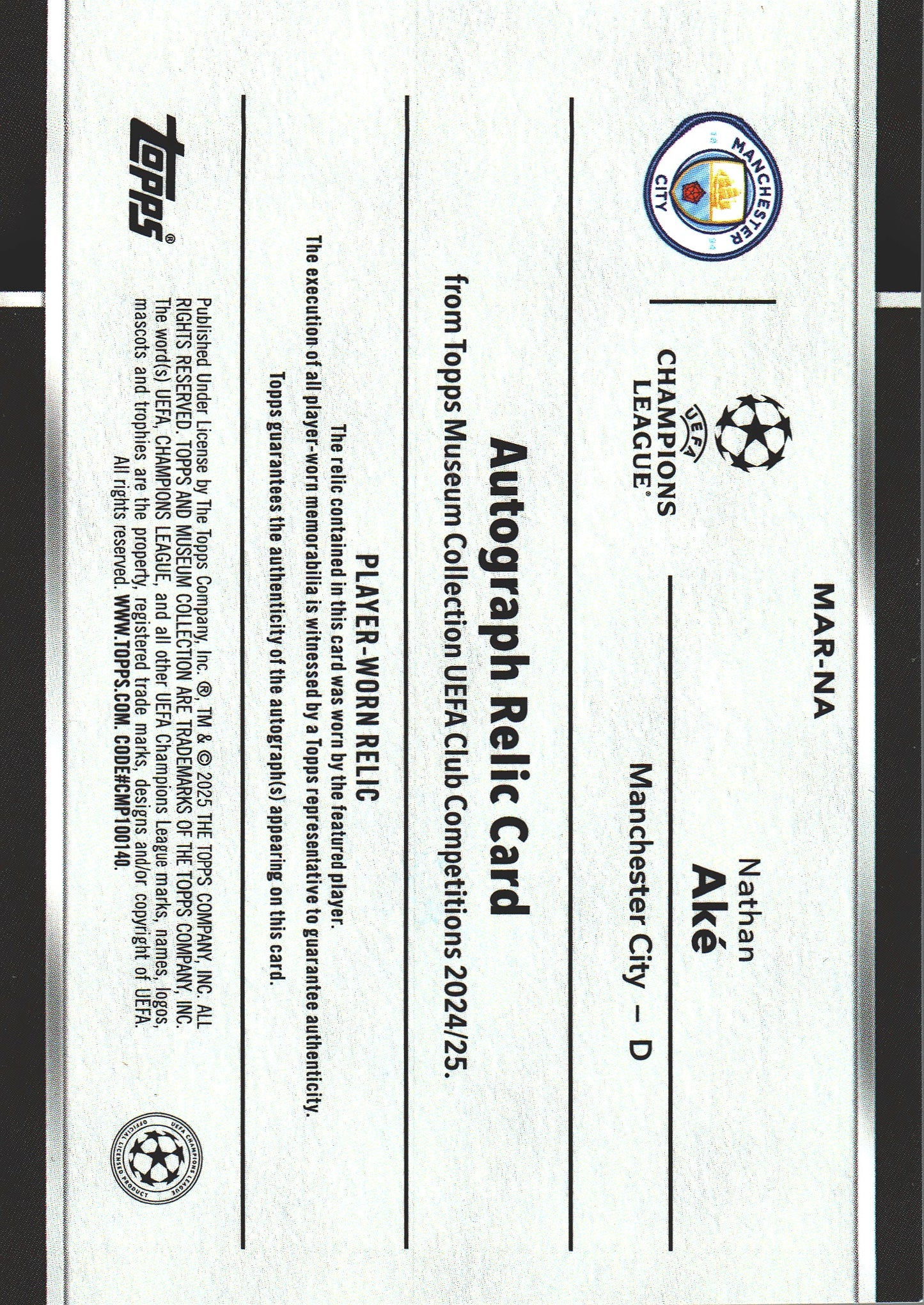 2024 Topps Museum Nathan Aké Auto Patch /99 #MAR-NA Manchester City