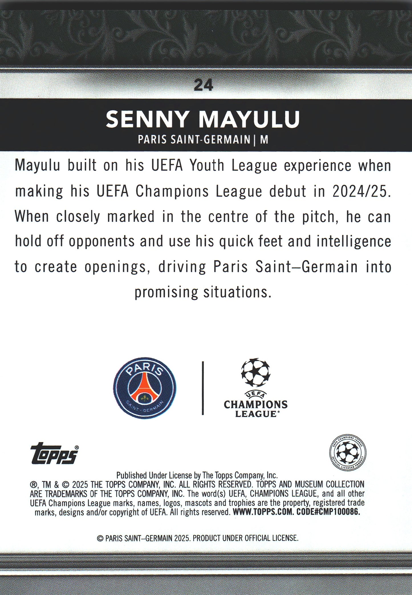 2024 Topps Museum Senny Mayulu /75 #24 Paris Saint-Germain