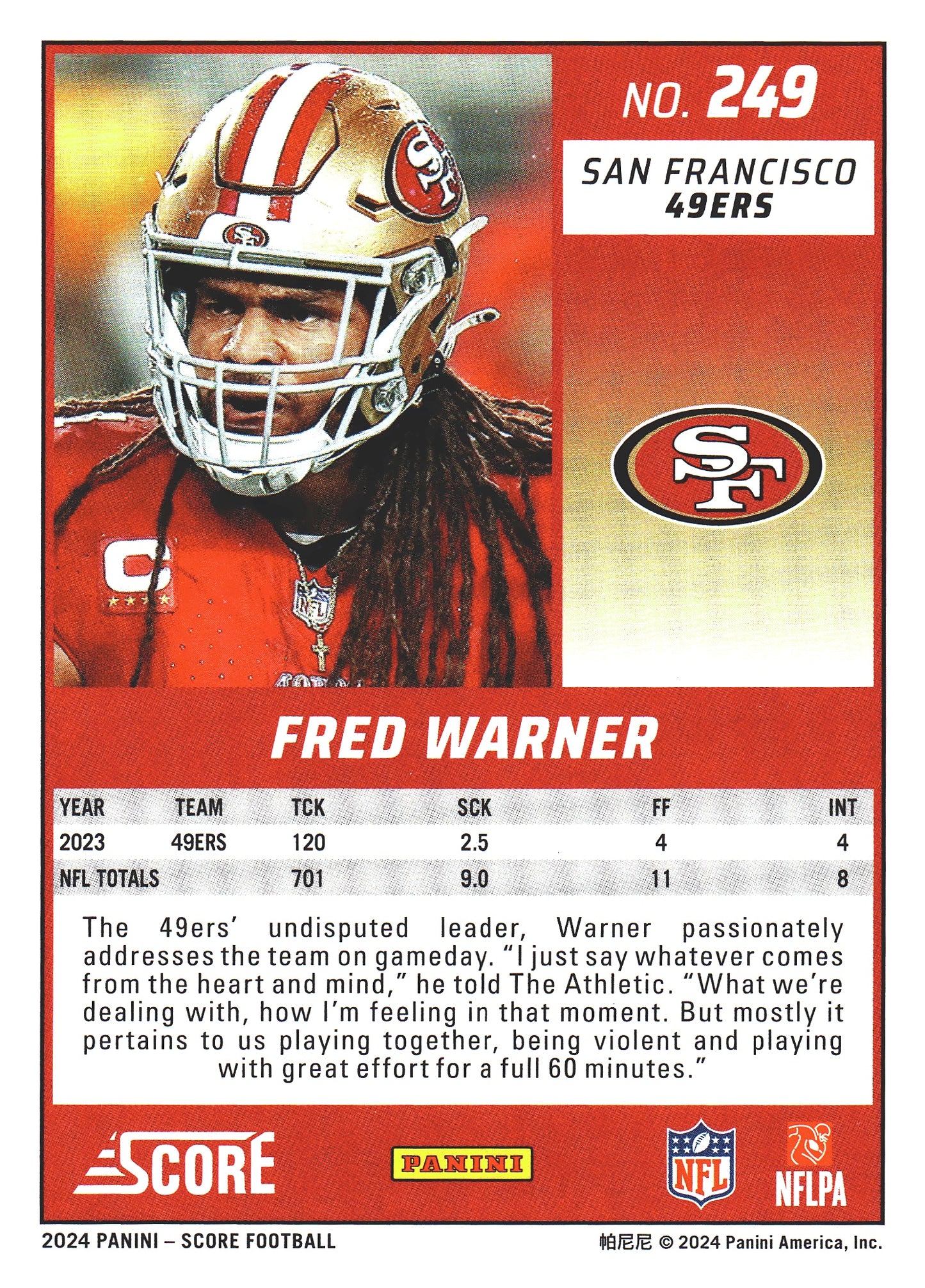 2024 Panini Score Fred Warner #249 San Francisco 49ers