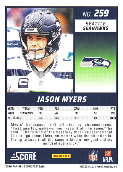 2024 Panini Score Jason Myers #259 Seattle Seahawks