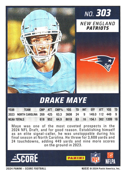 2024 Panini Score Drake Maye RC #303 New England Patriots