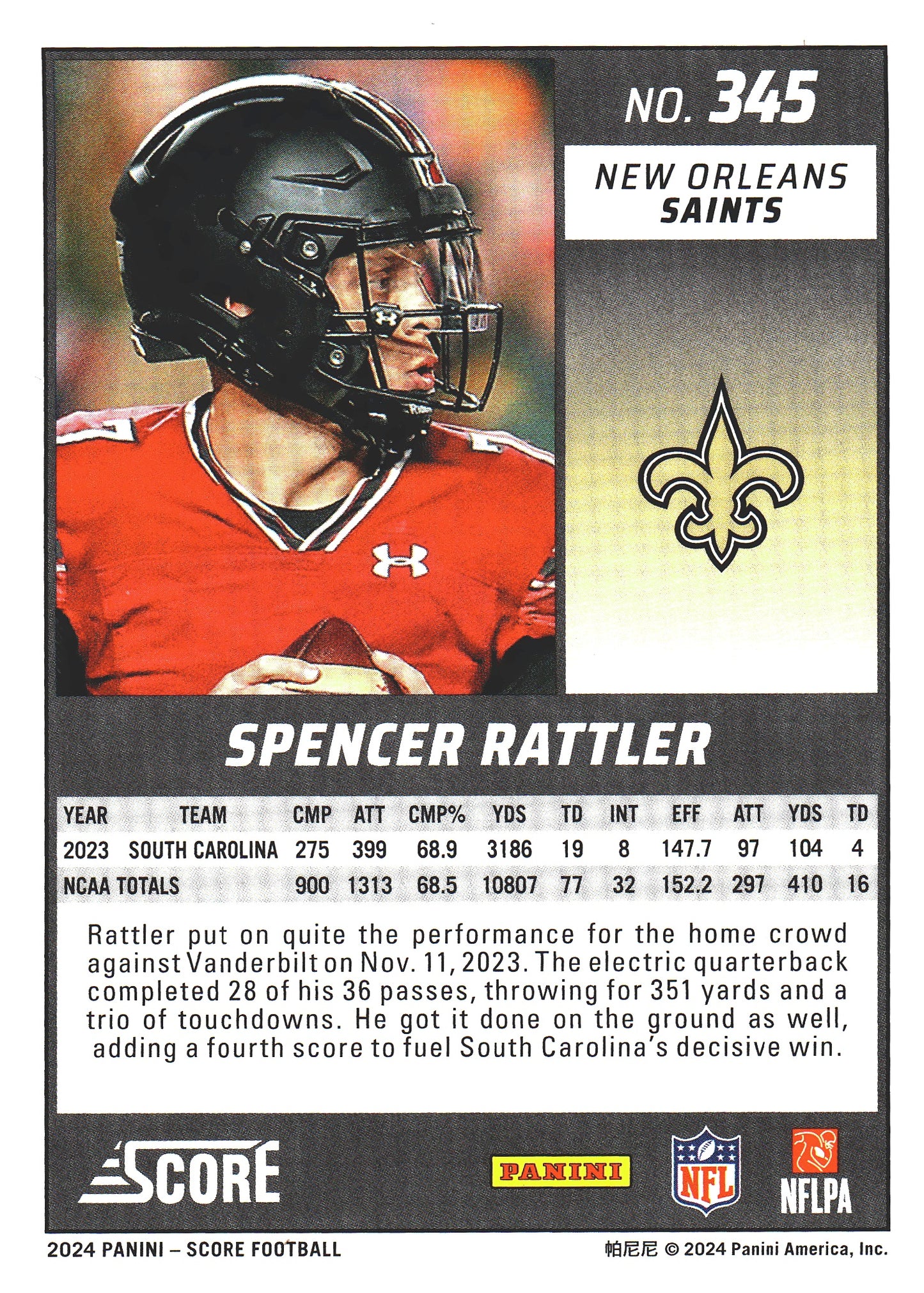 2024 Panini Score Spencer Rattler RC #345 New Orleans Saints