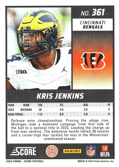 2024 Panini Score Kris Jenkins RC #361 Cincinnati Bengals