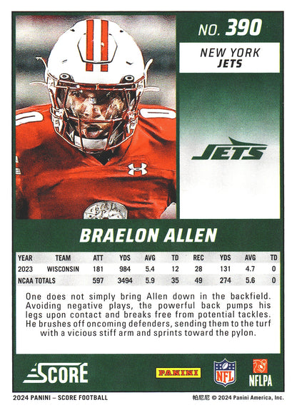2024 Panini Score Braelon Allen RC #390 New York Jets