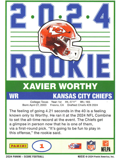 2024 Panini Score Xavier Worthy Rookie #1 Kansas City Chiefs