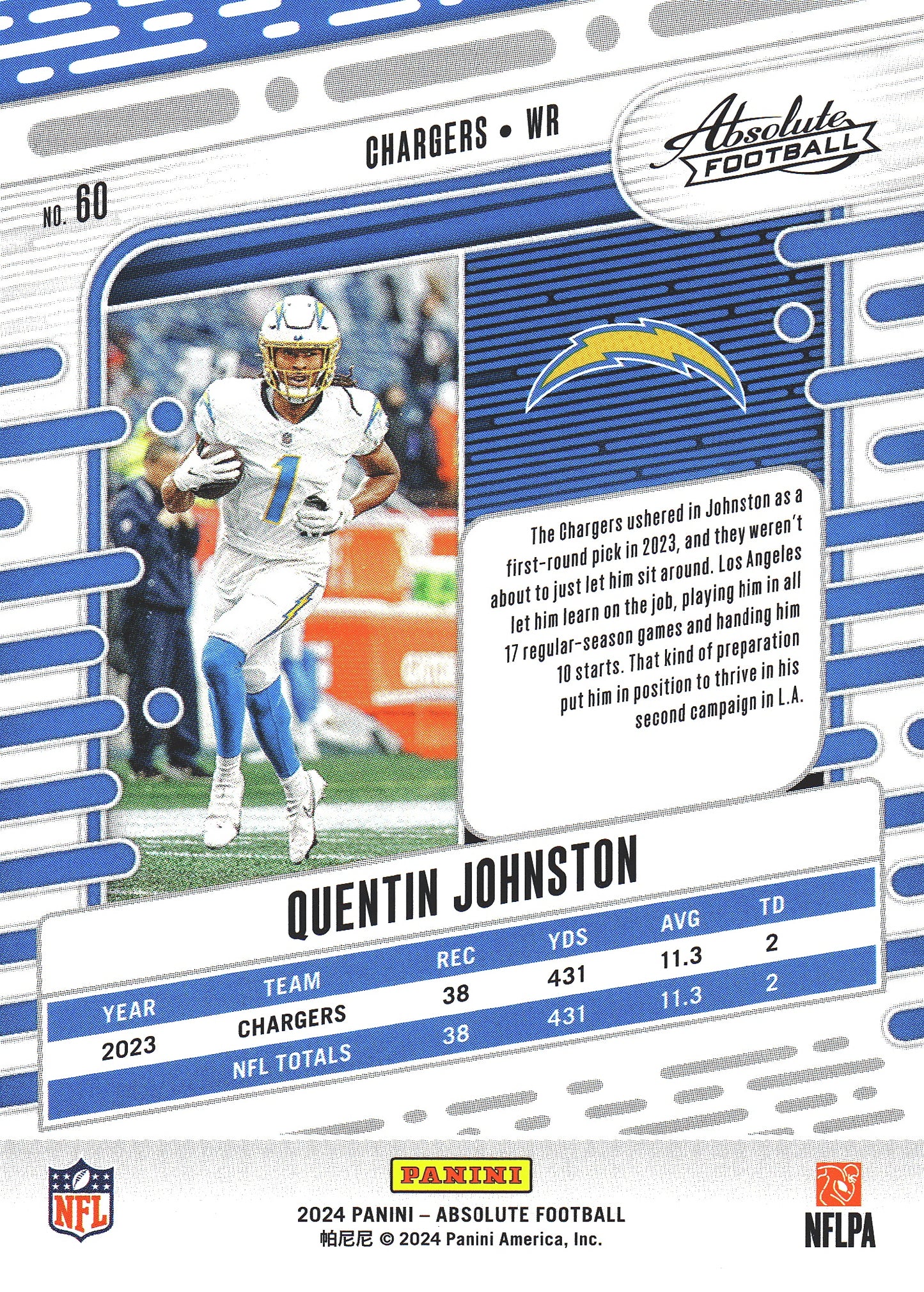 2024 Panini Absolute Quentin Johnston #60 Los Angeles Chargers