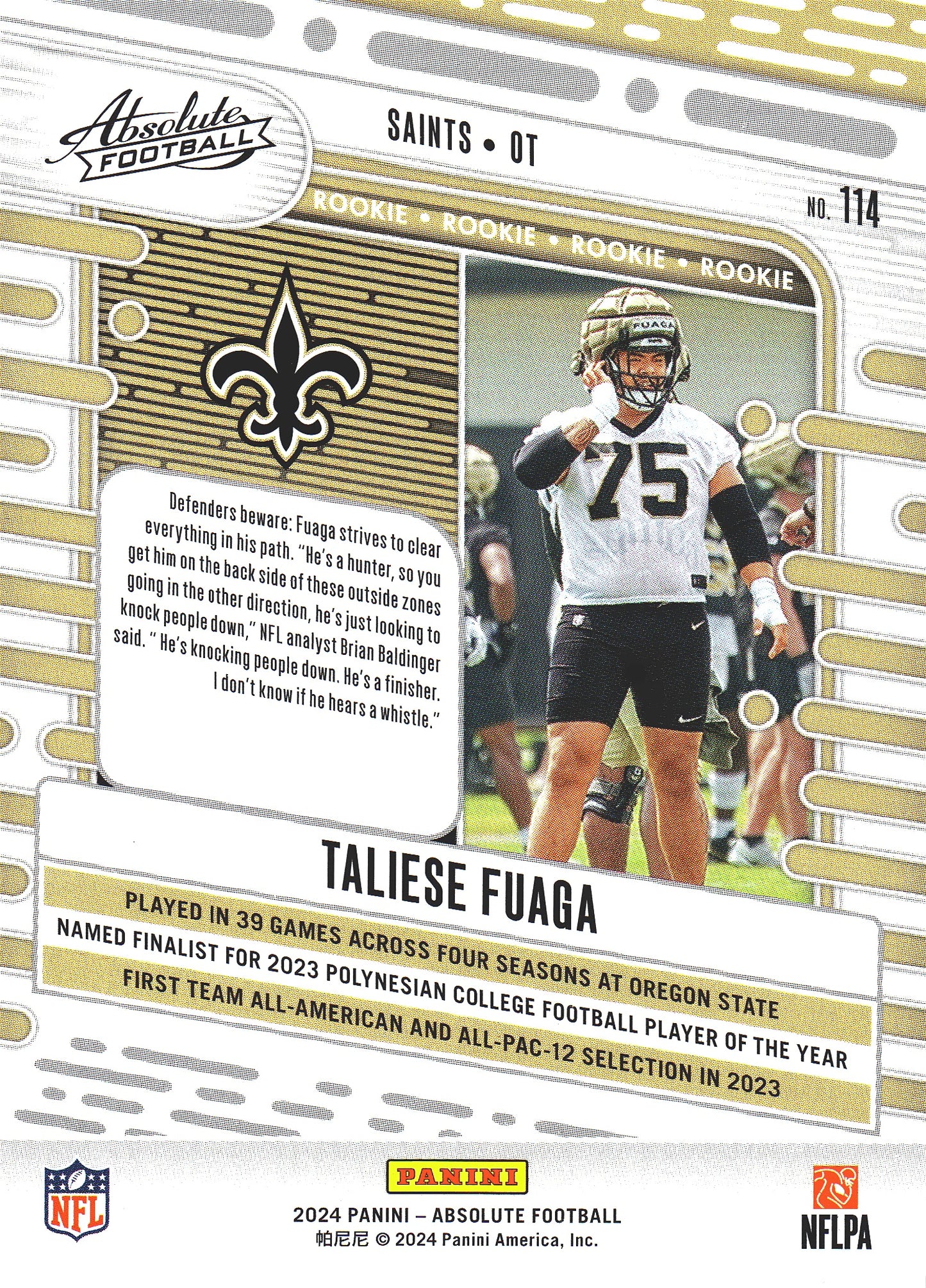 2024 Panini Absolute Taliese Fuaga RC #114 New Orleans Saints