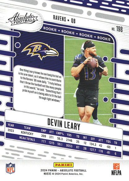 2024 Panini Absolute Devin Leary RC #198 Baltimore Ravens