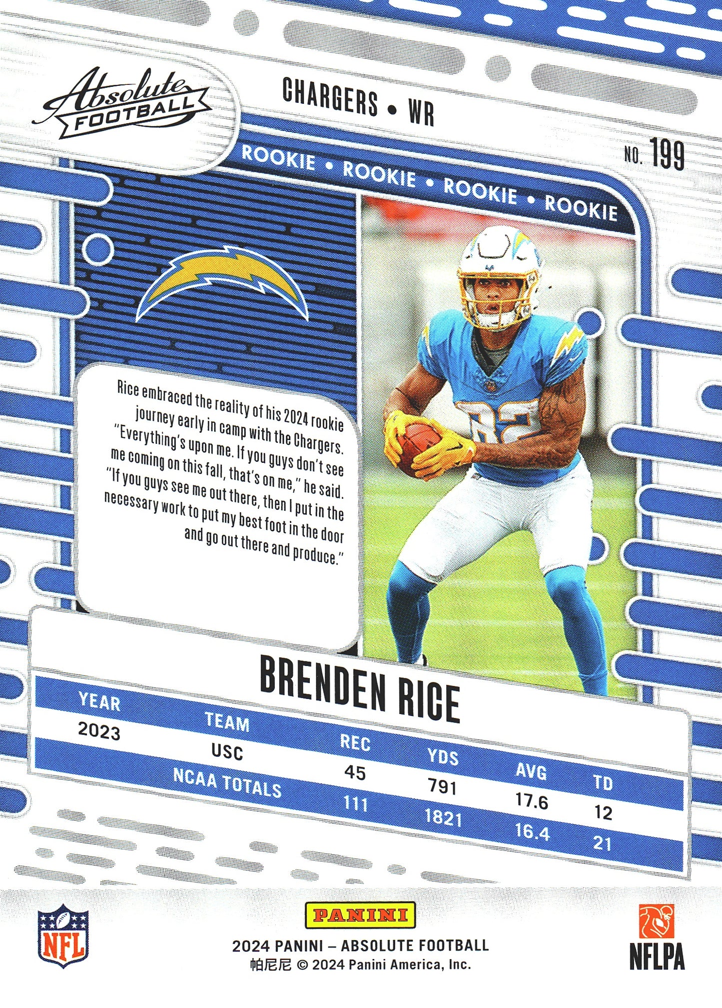 2024 Panini Absolute Brenden Rice RC #199 Los Angeles Chargers