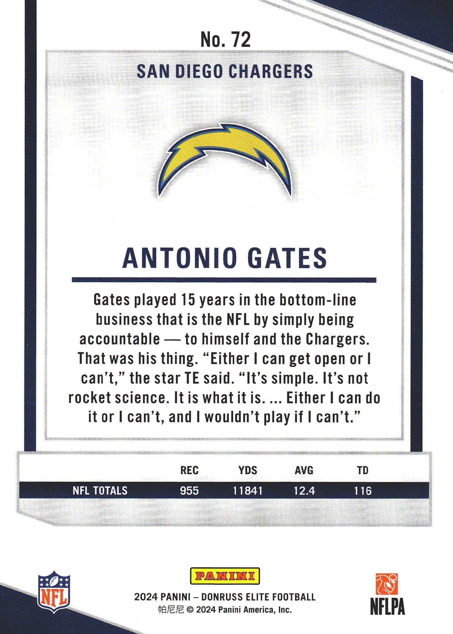 2024 Panini Donruss Elite Antonio Gates #72 San Diego Chargers