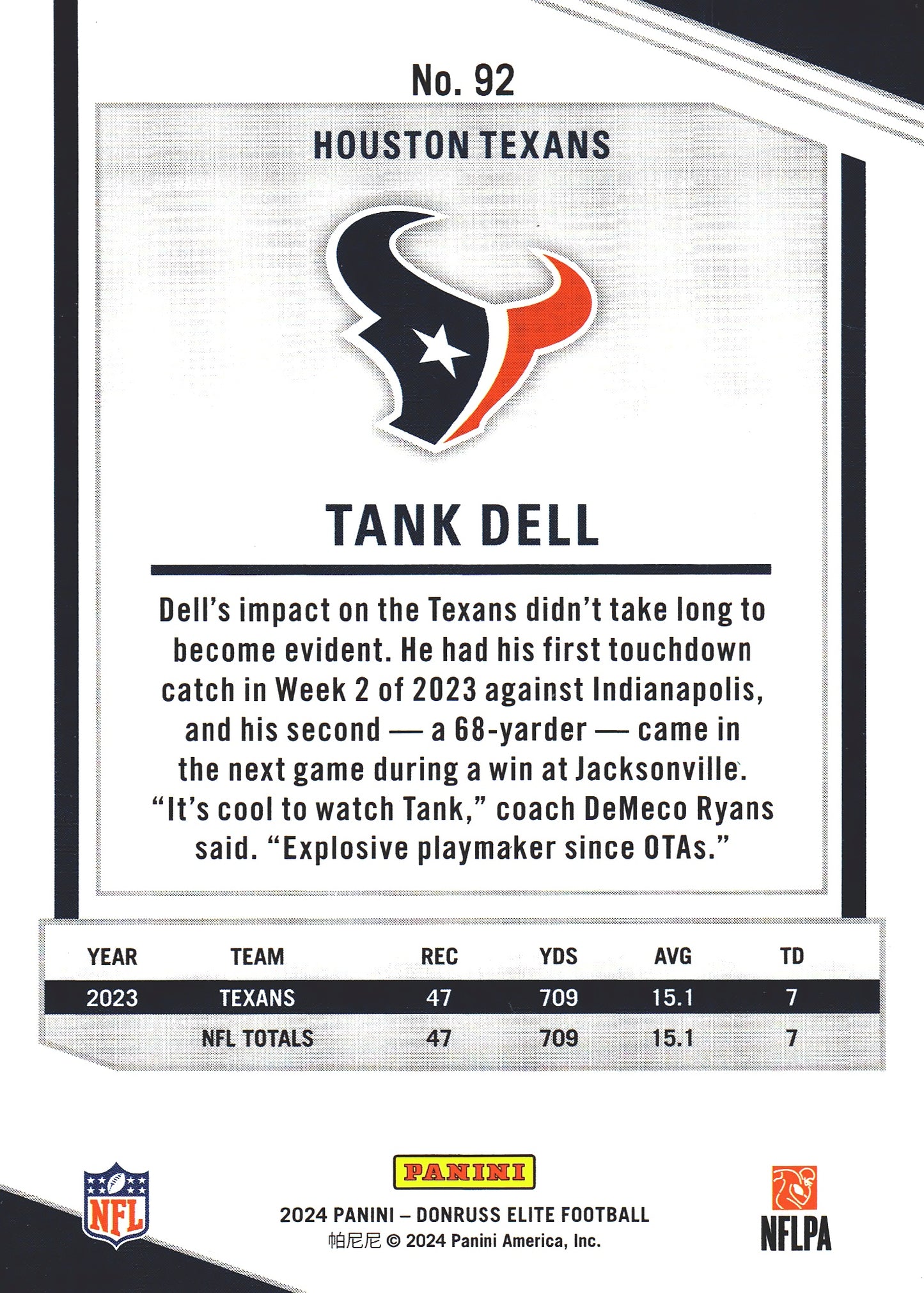 2024 Panini Donruss Elite Tank Dell #92 Houston Texans