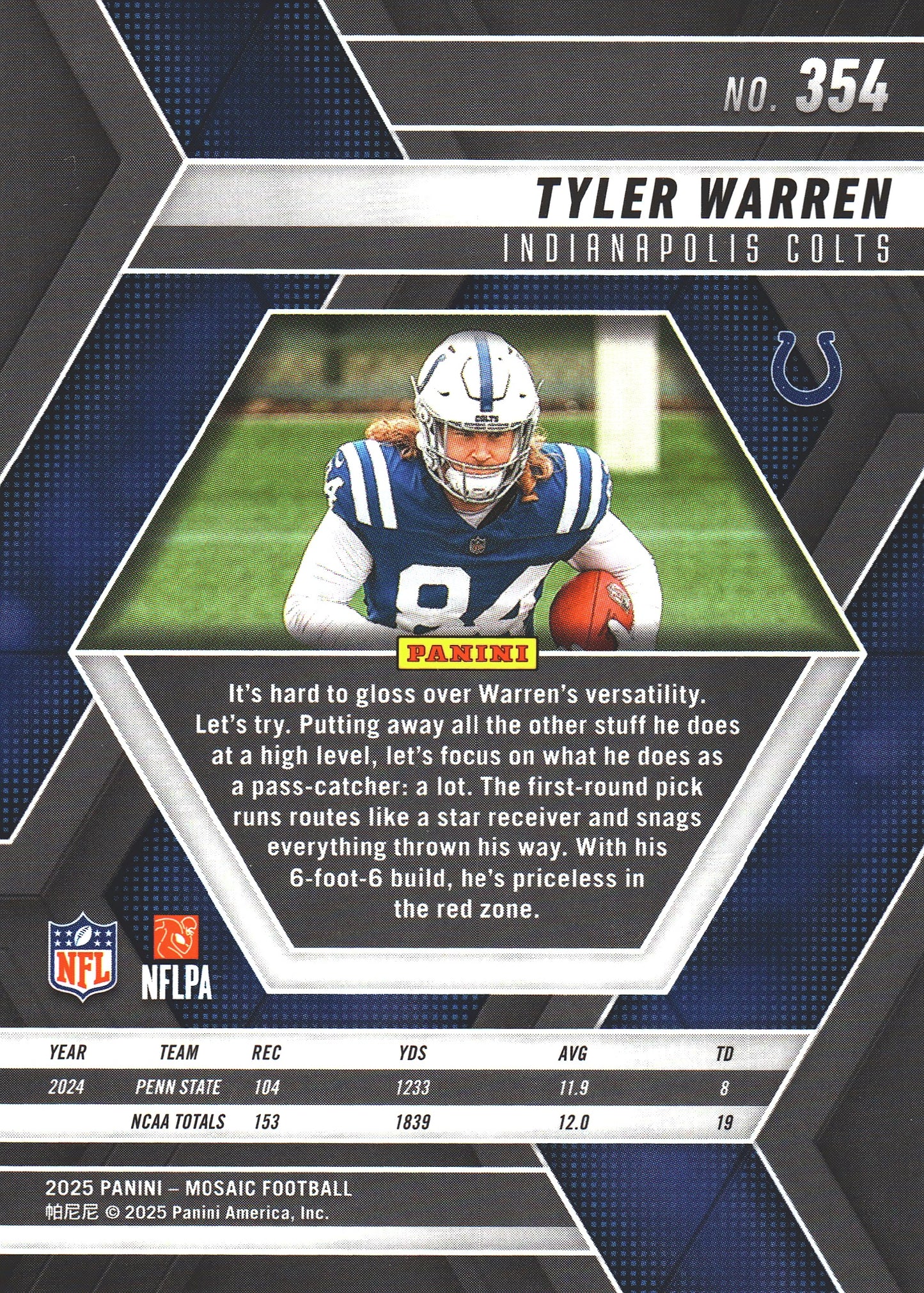 2025 Panini Mosaic Tyler Warren RC #354 Indianapolis Colts