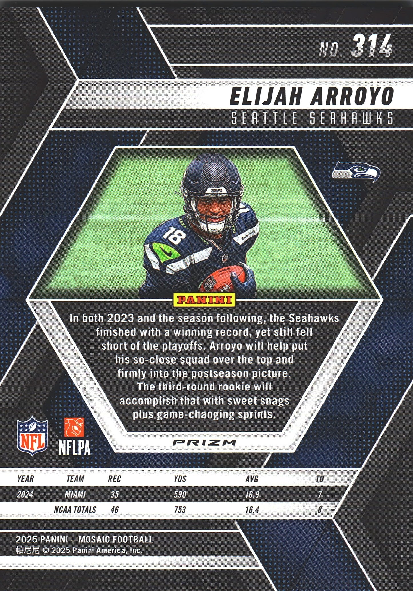 2025 Panini Mosaic Prizm Elijah Arroyo #314 Seattle Seahawks