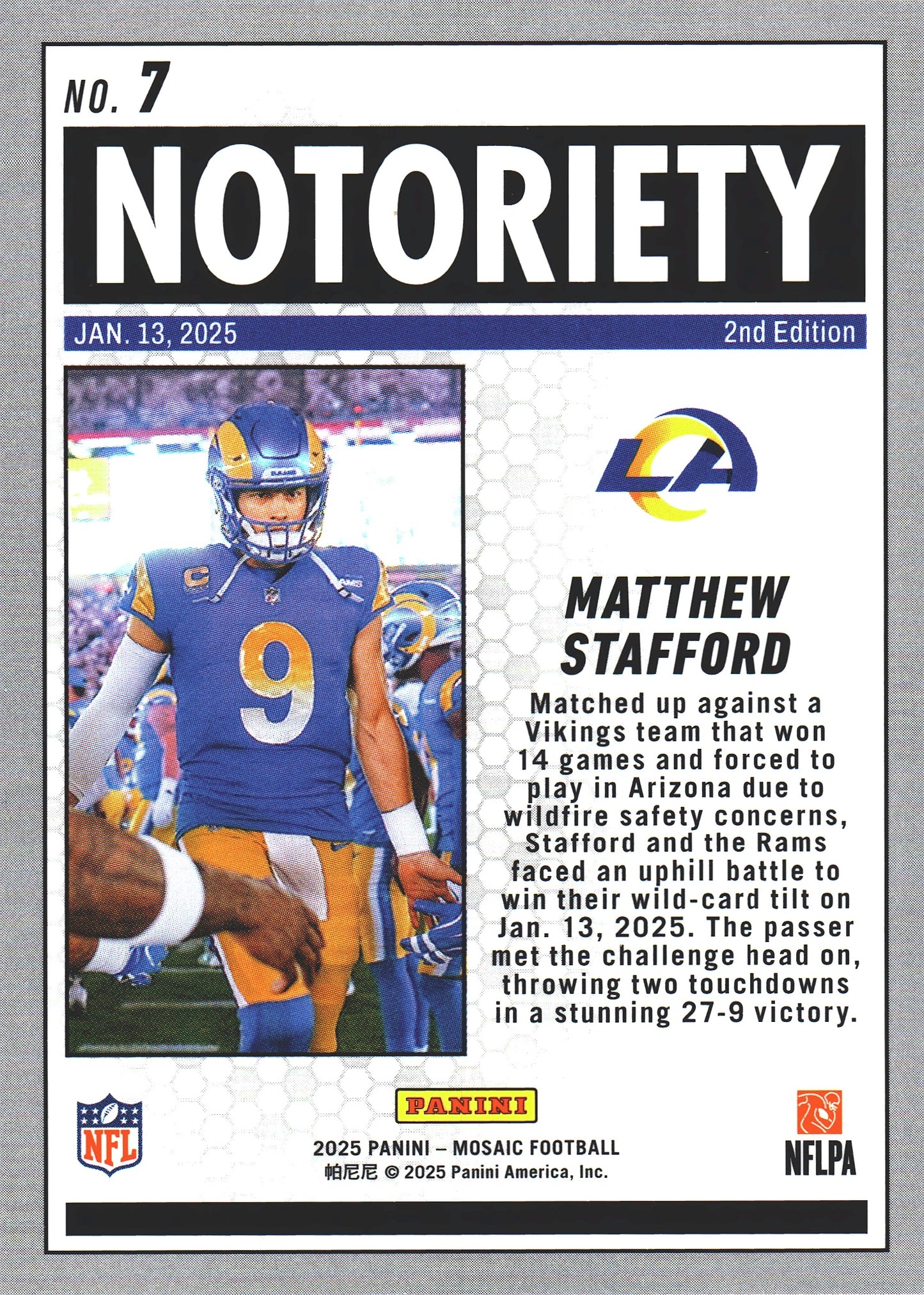 2025 Panini Mosaic Notoriety Matthew Stafford #7 Los Angeles Rams