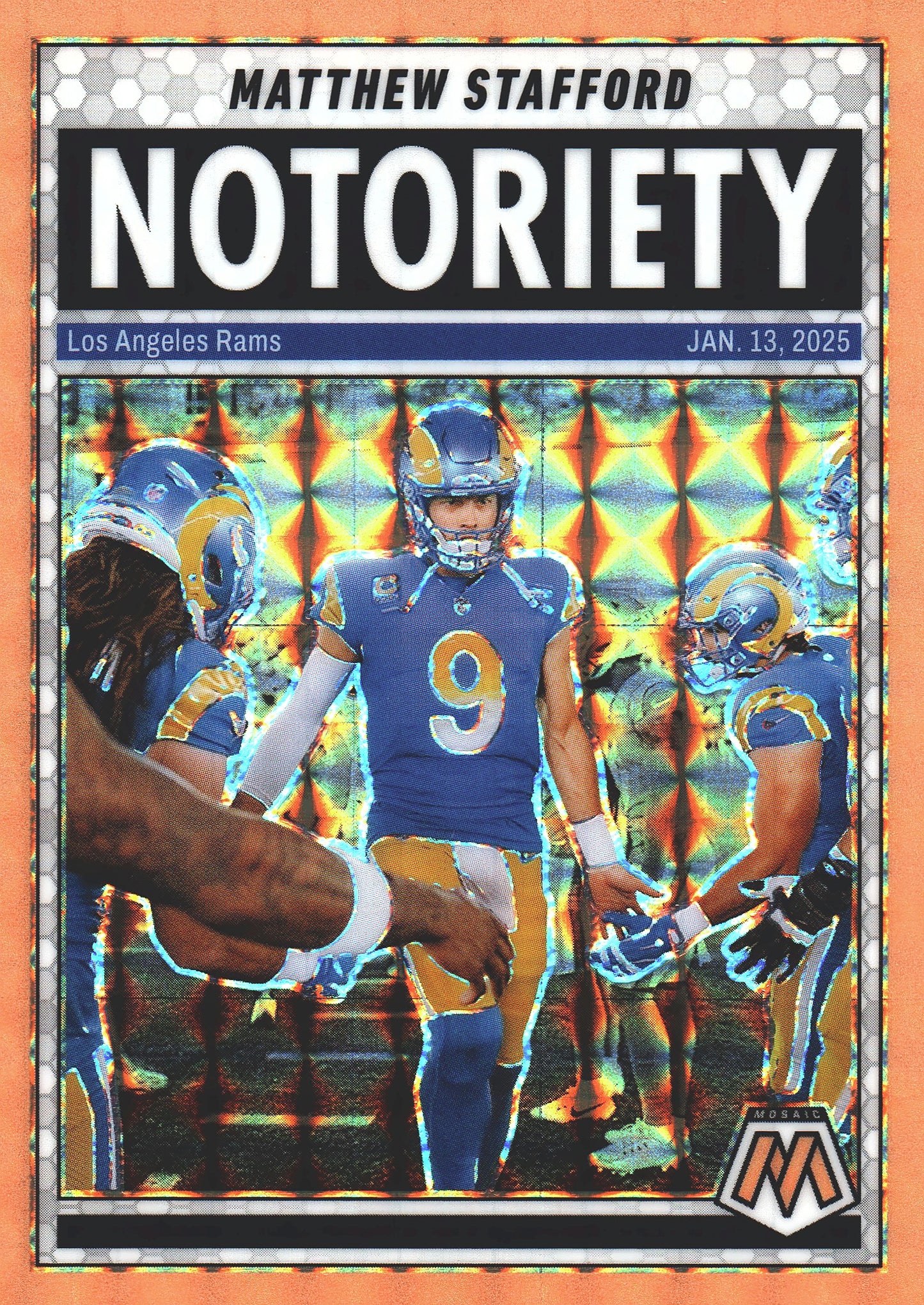 2025 Panini Mosaic Orange Fluorescent Notoriety Matthew Stafford #7 Los Angeles Rams