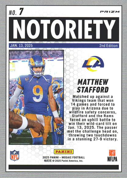 2025 Panini Mosaic Orange Fluorescent Notoriety Matthew Stafford #7 Los Angeles Rams